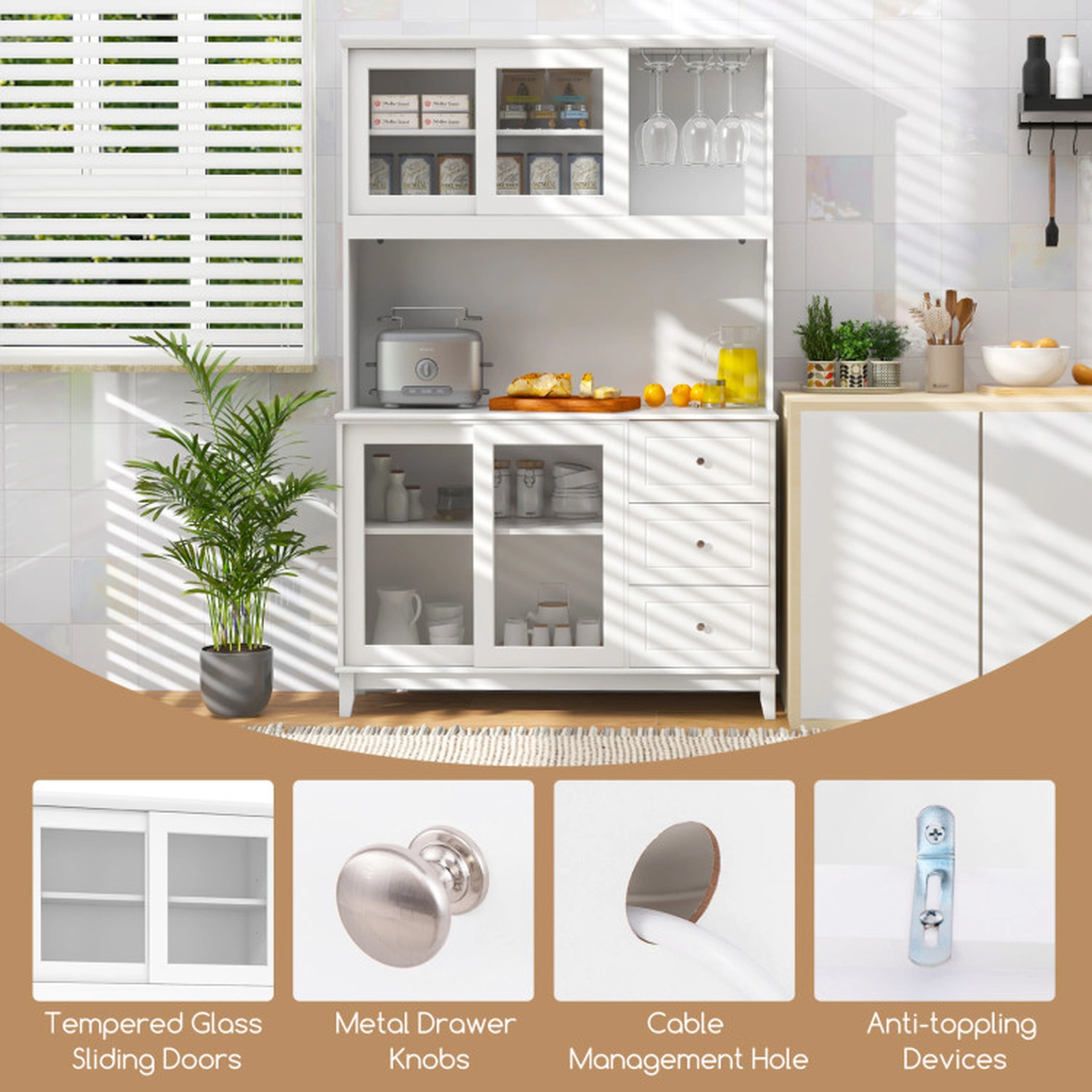 SUGIFT 73-in LED Lights Power Outlets 3 Drawers Glass Door Kitchen Pantry Hutch 47-in x 17.5-in 320-lb Capacity White