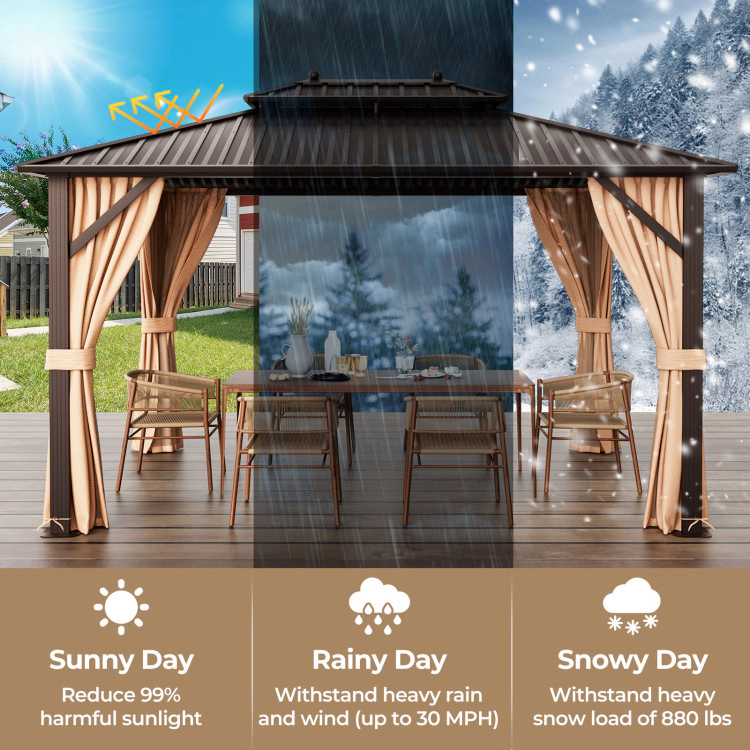 Hivvago 10X13Ft Double-Roof Patio Hardtop Gazebo With Galvanized Steel Roof Netting And Curtains-Coffee
