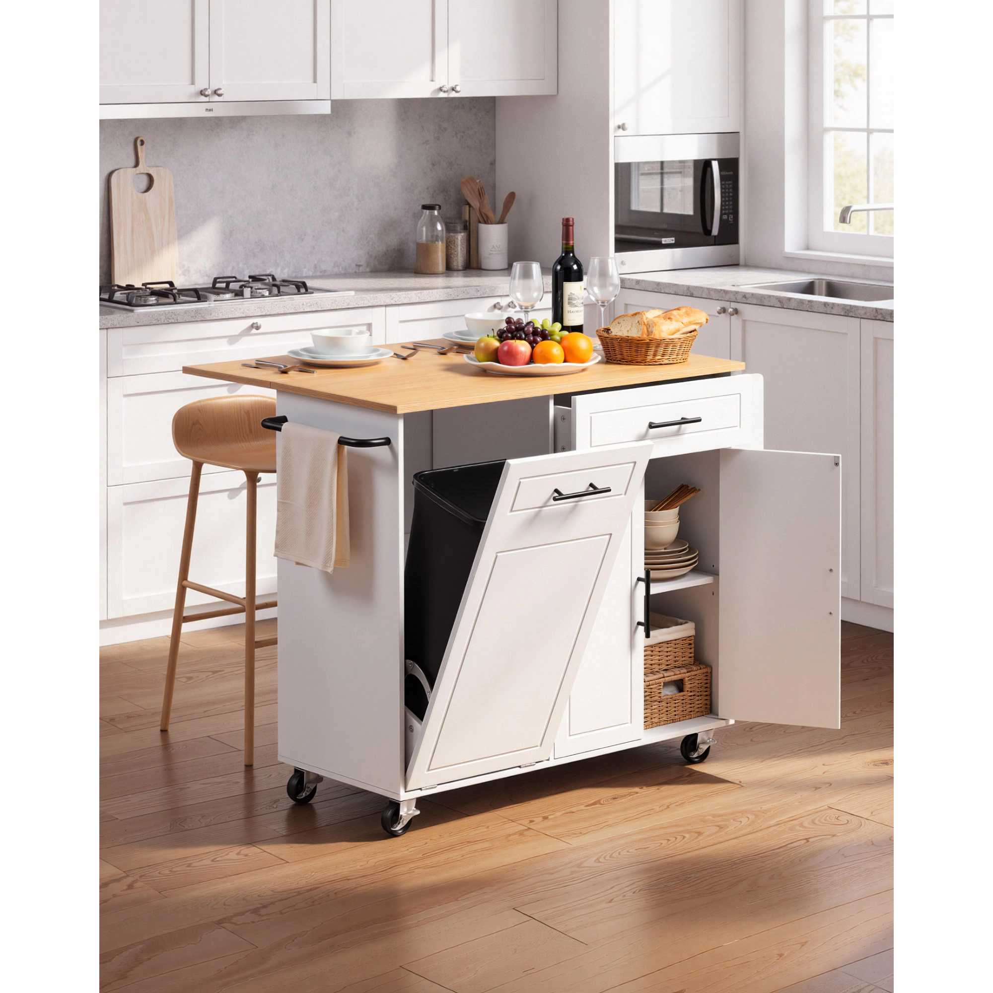 HONGGE Kitchen Island Cart with Storage Mobile Rolling Storage Island on Swivel Wheels with Drawer Storage Cabinet Rack