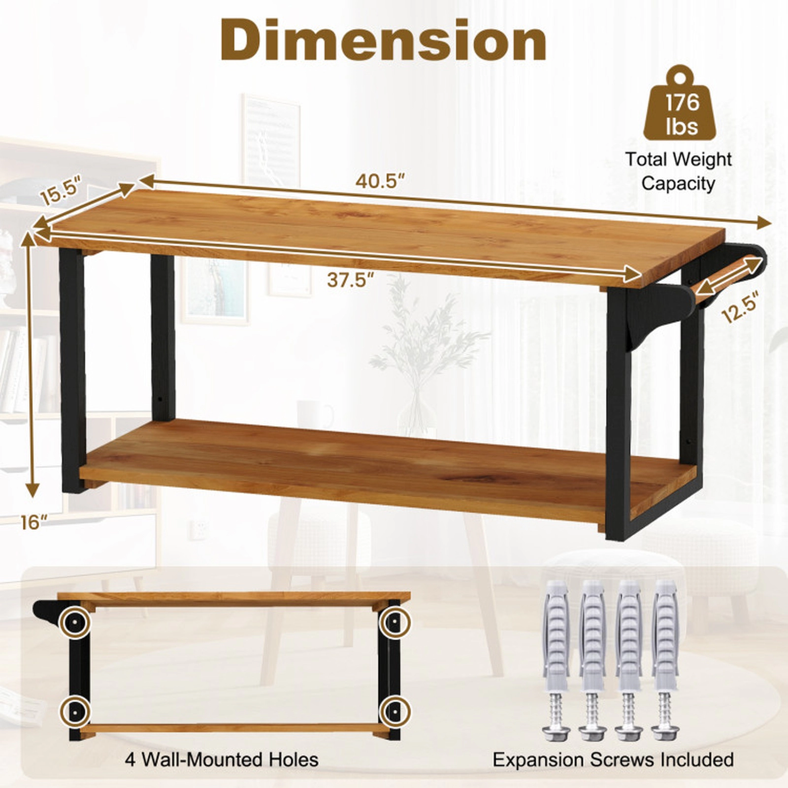 SUGIFT 2-Tier Teak Wood Wall Mounted Floating Shelf Rack Towel Bar 40.5-in x 15.5-in x 16-in 176-lb Capacity Natural