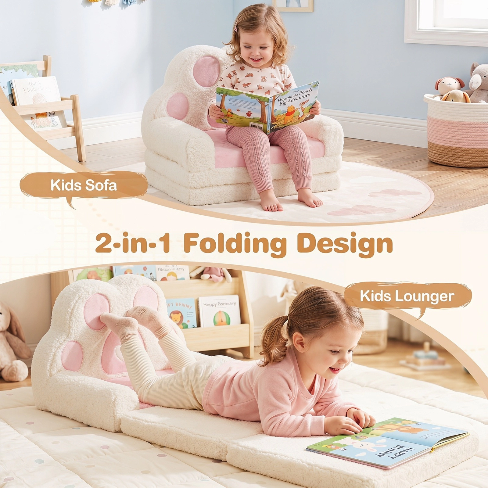SUGIFT 2-in-1 Convertible Kids Sofa to Lounger Removable Cover Kids Lounge Chair Ages 18-36 Months 4.5-lb Pink + Beige
