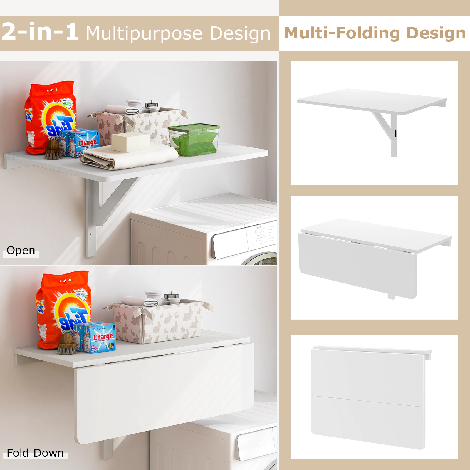 SUGIFT Wall Mounted Drop Leaf Folding Floating Desk 31.5-in x 23.5-in x 17-in 66-lb Capacity Folds to 3-in Deep White