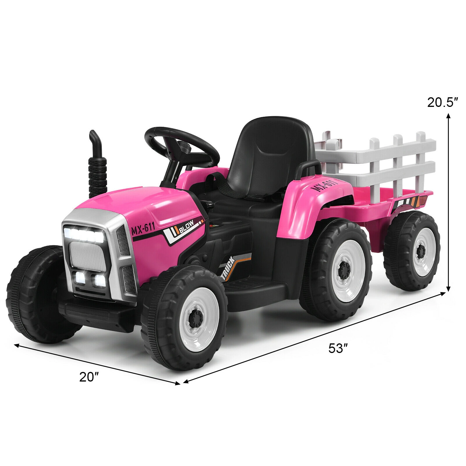 12V Kids Ride On Tractor Detachable Trailer 3-Gear Shift Handle 2.4G Parent Remote LED Headlights Ages 3+ Pink
