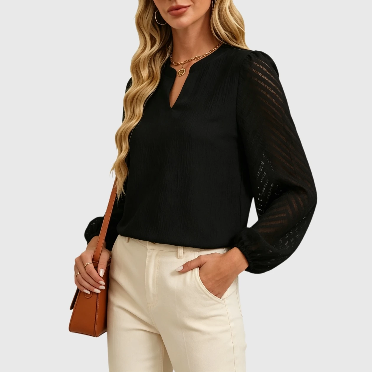 YesFashion Womens Tops Dressy Casual Crew Neck Lantern Long Sleeve Work Shirts Chiffon Blouses