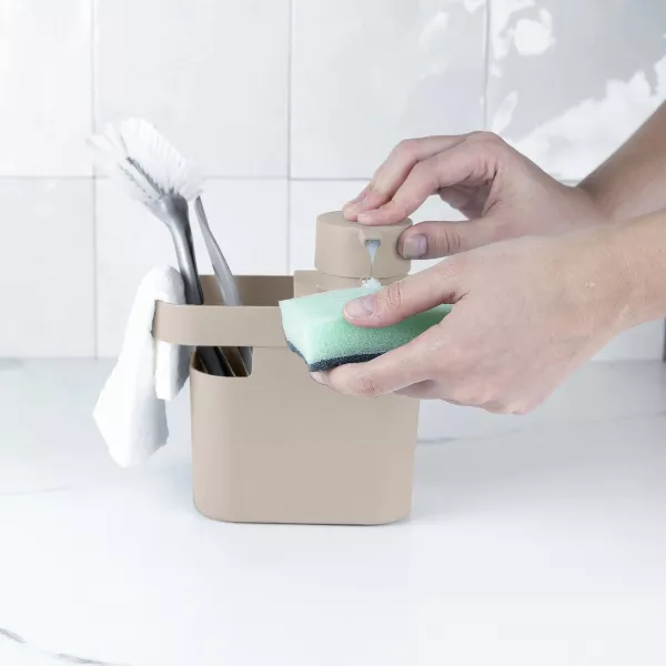 OU 22oz Soap Dispenser w/ Sponge & Dish Brush Holder Organizer Drainage, Pump Compatible Gel Soaps