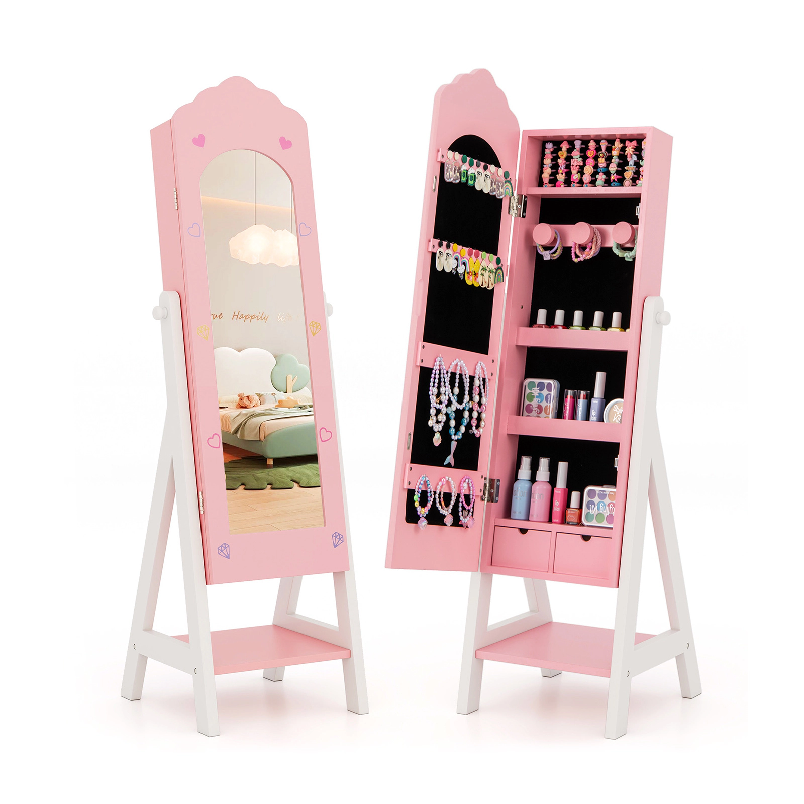 SUGIFT Pink Full Length Mirror Drawer and Open Storage Shelves Kids Jewelry Organizer