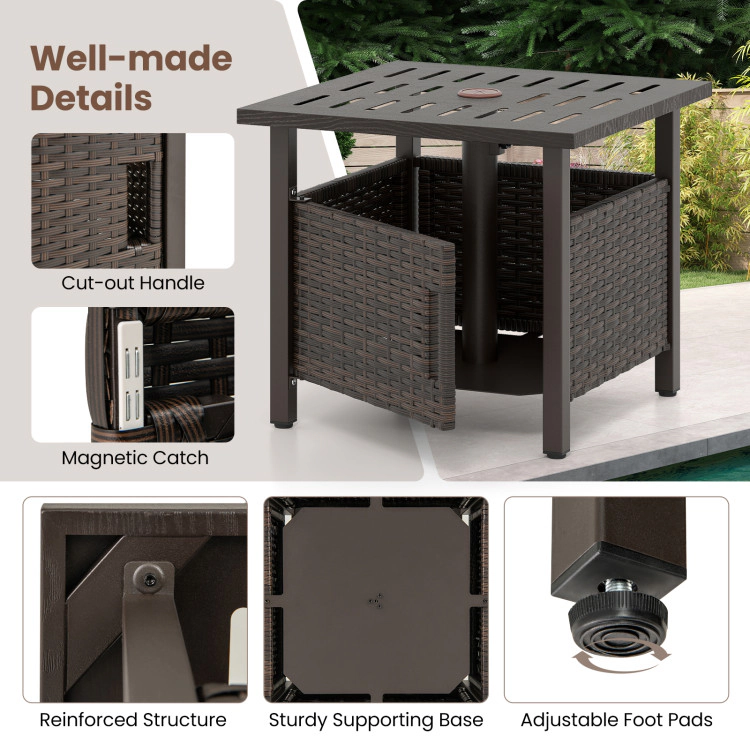 Hivvago Outdoor Side Table With 1.93" Umbrella Hole All-Weather Pe Wicker Patio Umbrella Table