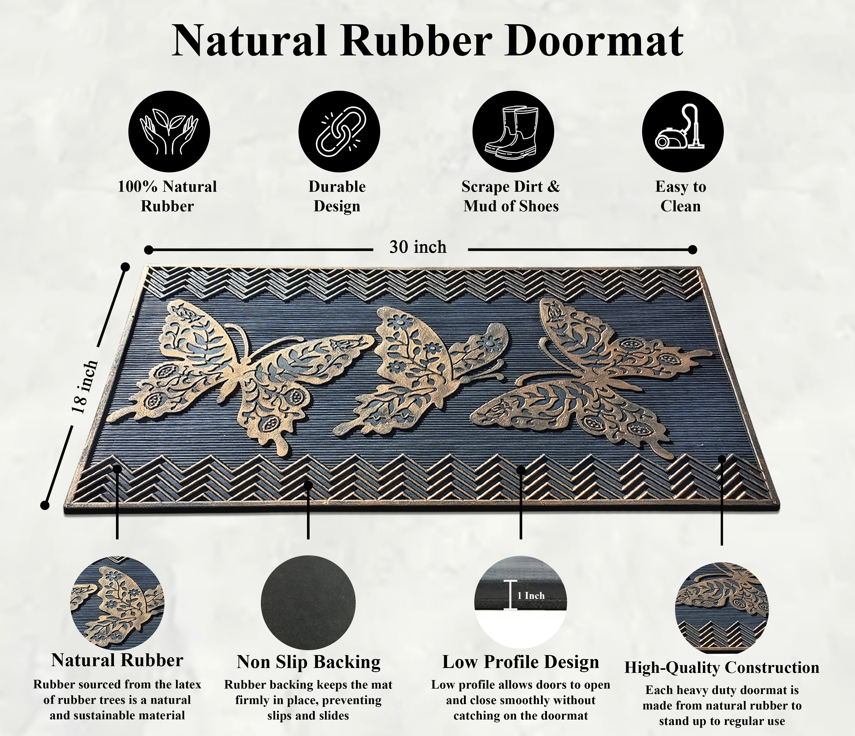 A1 Home Collections Fly Away Butterfly Rubber Welcome Doormat Non-Slip Indoor Outdoor Entry Mat 18 x 30 In