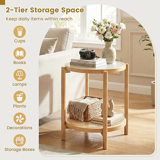 SUGIFT 18.5-Inch Round 2-Tier Rattan and Glass Nightstand Side Table