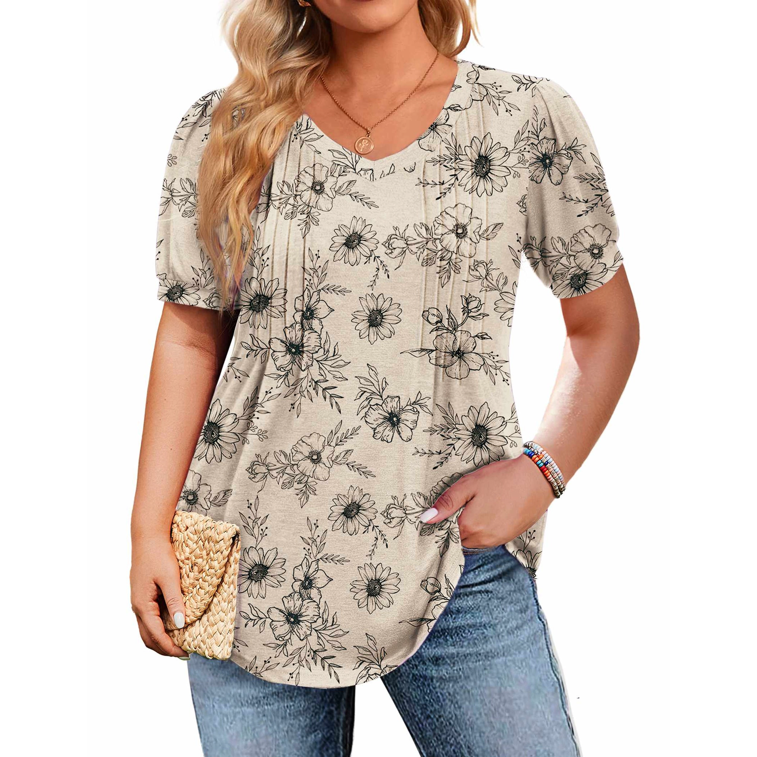Zeagoo Women Pleated V Neck Tunic Top
