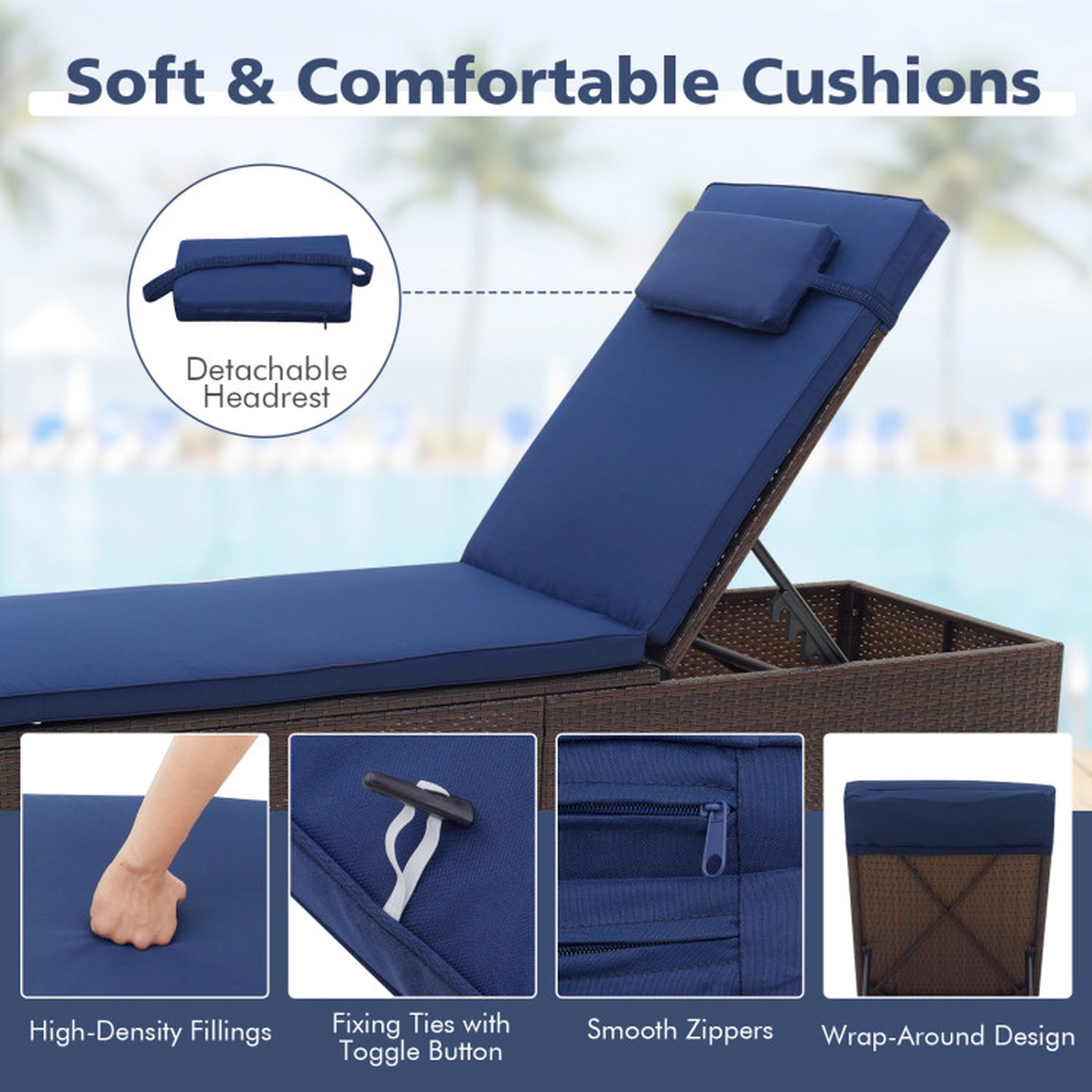 SUGIFT PE Rattan Chaise Lounge with 6-Level Adjustable Backrest 400-lb Capacity 75-in Cushion and Headrest Navy Mix
