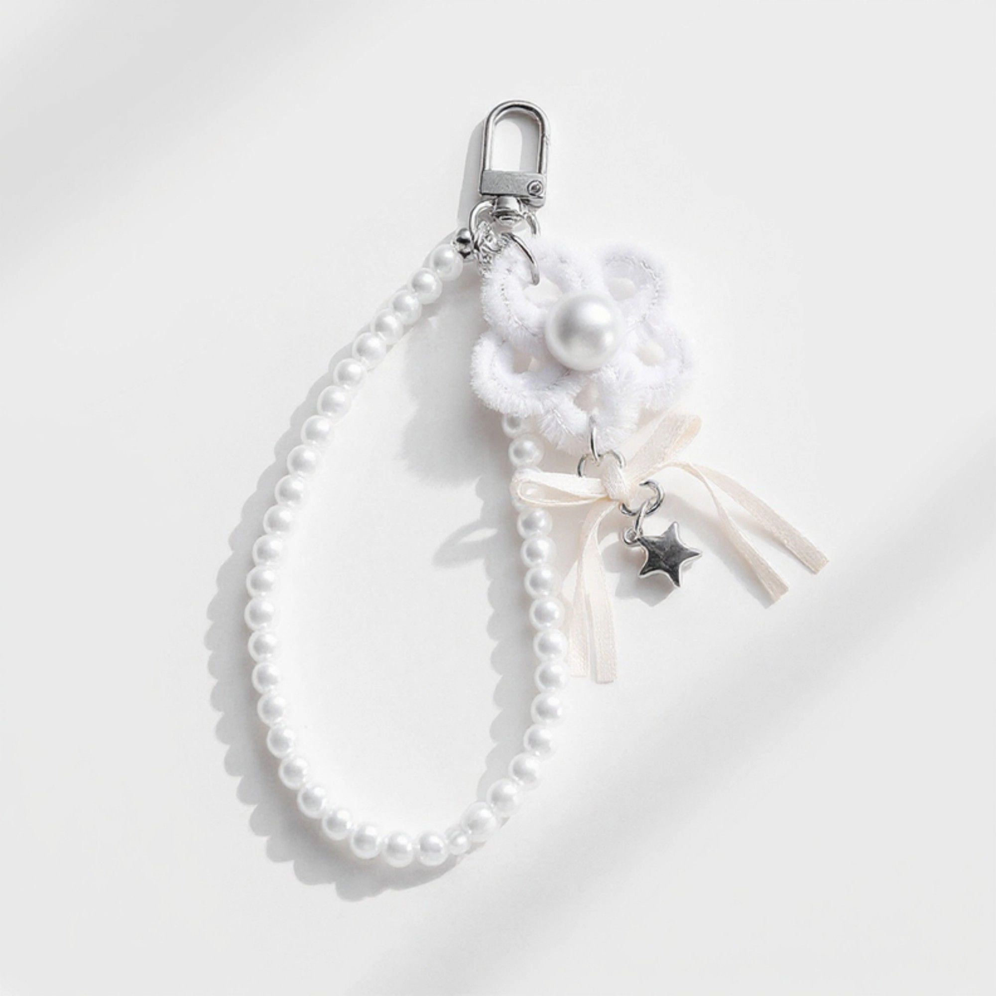 Alilang Women's Fashion Pearl Beaded Keychain with Ribbon Bow and Star Charms