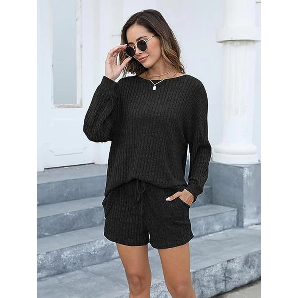 KOJOOIN Women Loungewear Ribbed Knit 2 Piece Outfit Set Long Sleeve Top and Drawstring Shorts Tracksuit