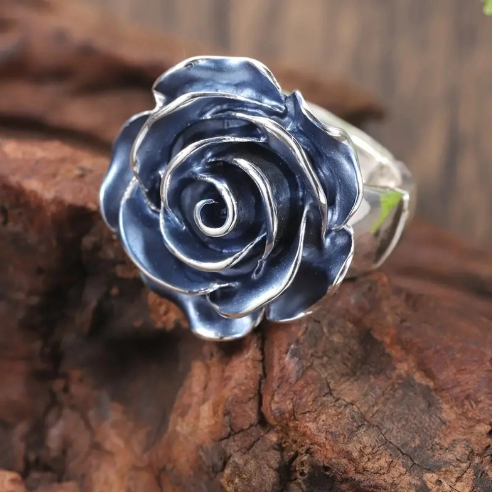 Exquisite Enamel Blue Rose Flower Rings for Women