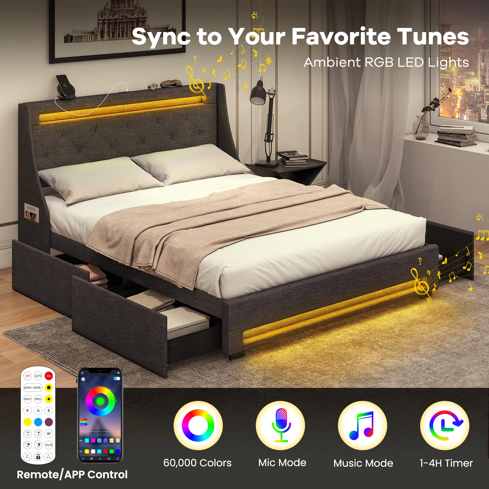 SUGIFT Full Upholstered Platform Bed with LED Lights, Tufted Wingback Headboard, Charging Station and 4 Drawers