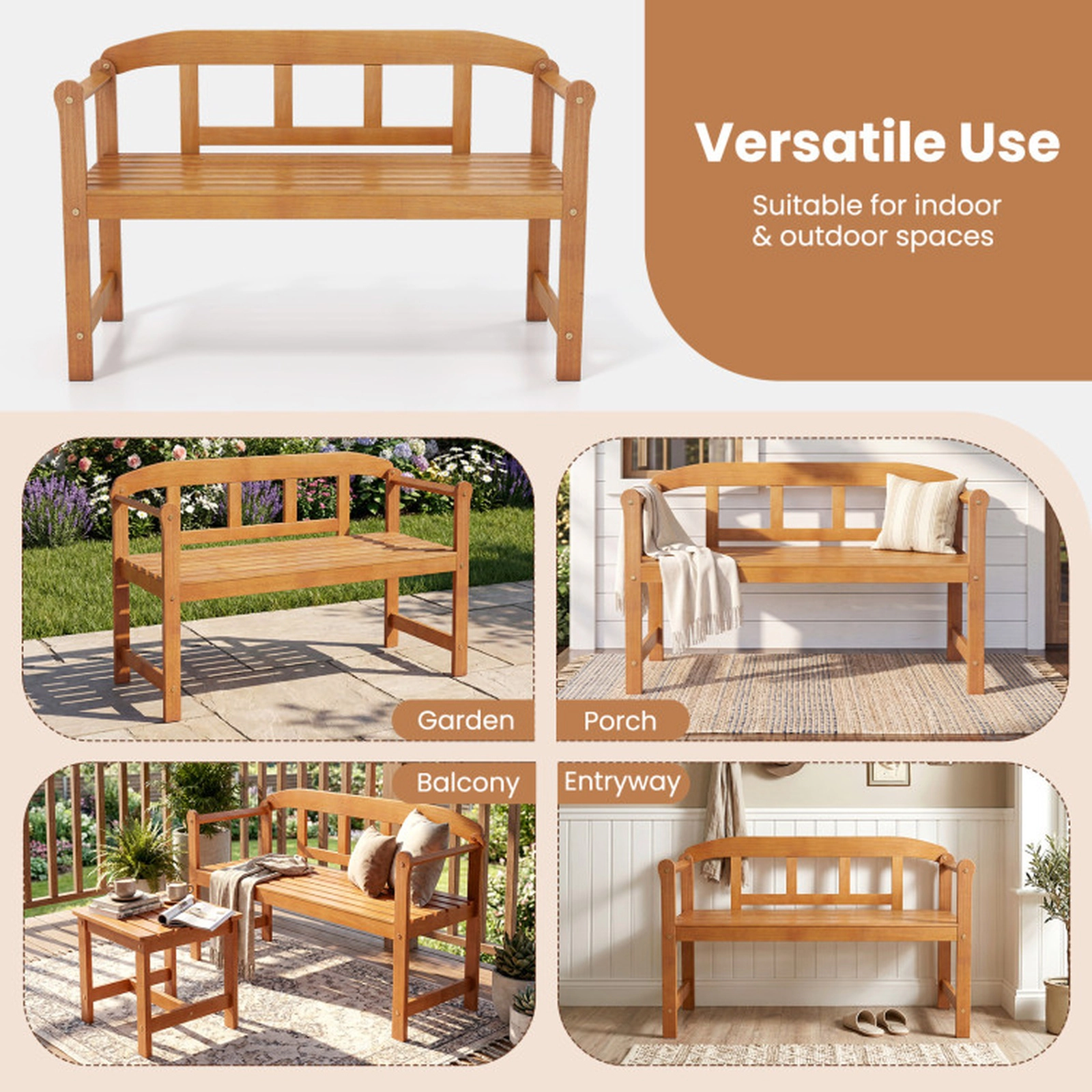 SUGIFT Natural Backrest and Armrests 2-Seater 46.5 Inch Outdoor Acacia Wood Garden Bench