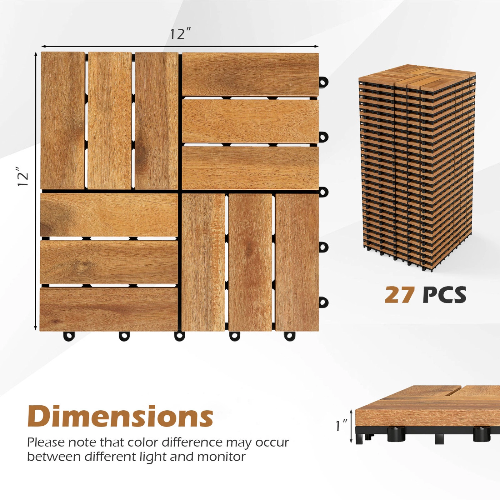 SUGIFT 12 x 12-in Interlocking Acacia Wood Deck Tiles Mat 500-lb Capacity 27-Piece Set Natural Color
