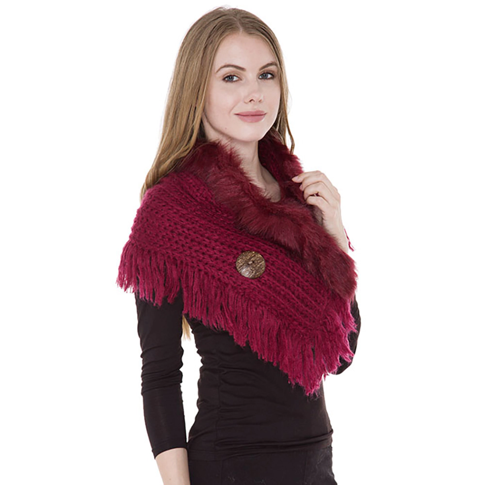 Truedames Faux Fur Collar Detail Cable Knit Tassel Shawl Scarf Wine