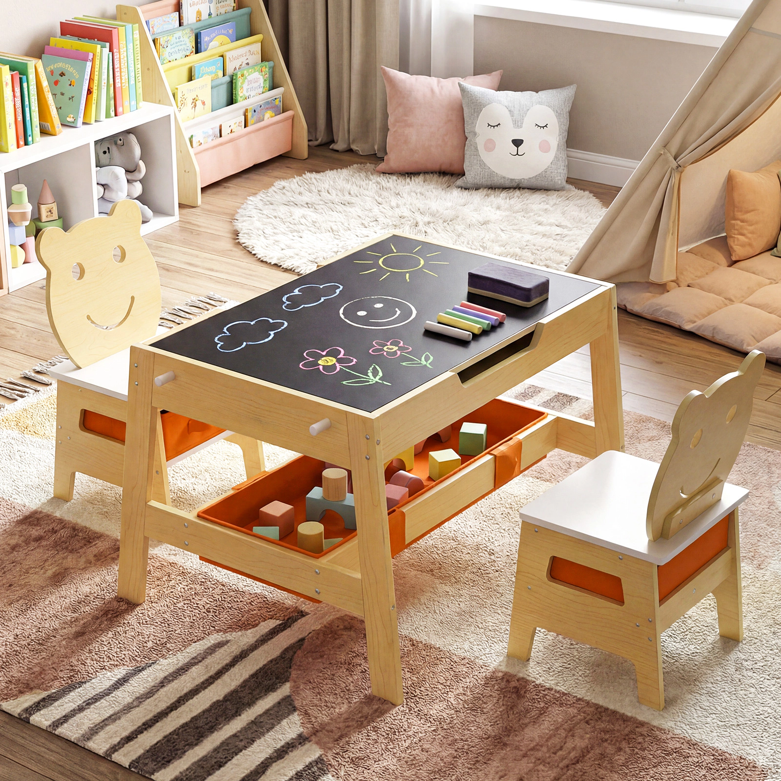 SUGIFT 5-in-1 Toddler Art Table & Chair Set Reversible Chalkboard Whiteboard 110-lb Tabletop Capacity Ages 3-10 Natural
