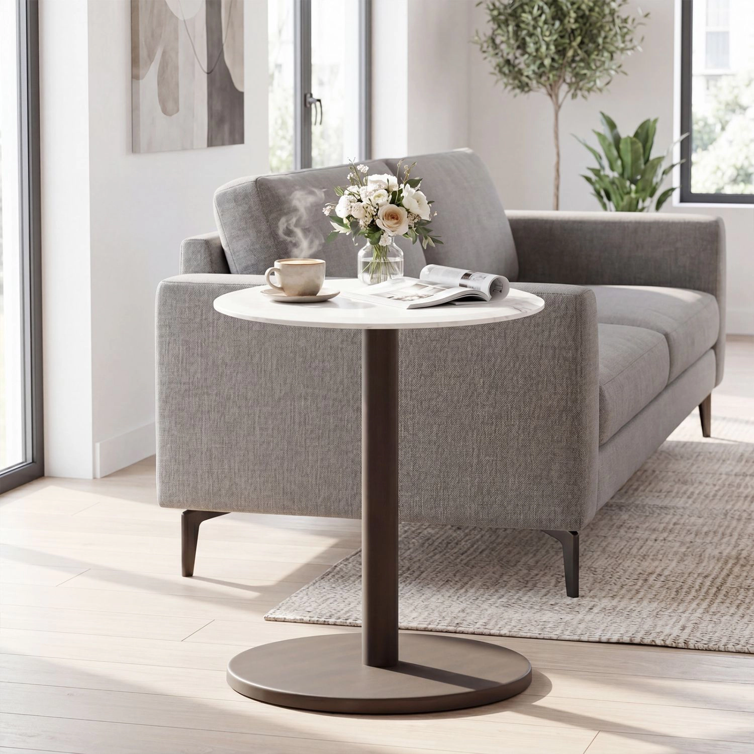 SlickBlue Round Marble Side Table with Solid Wood Pedestal Base