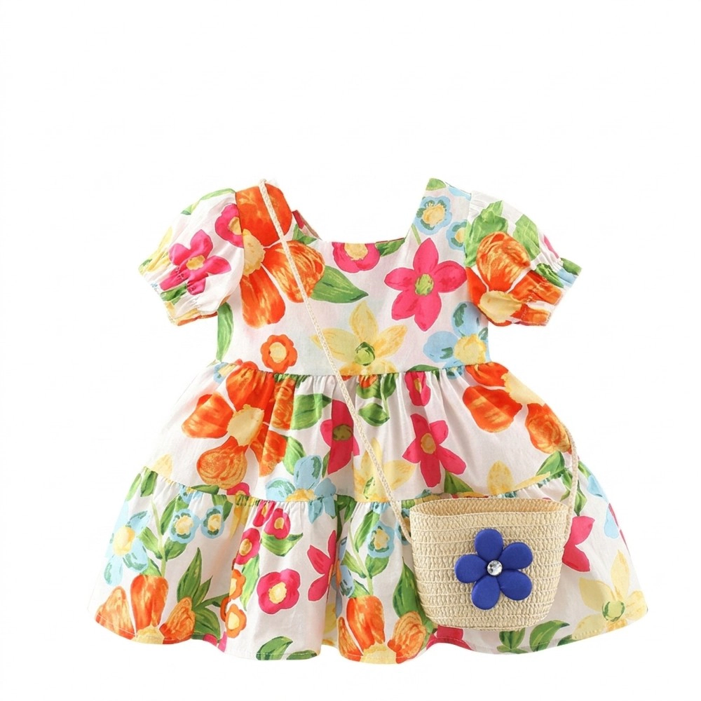 MyKids-USA Baby Floral Short-Sleeve Crewneck Dress with Matching Purse