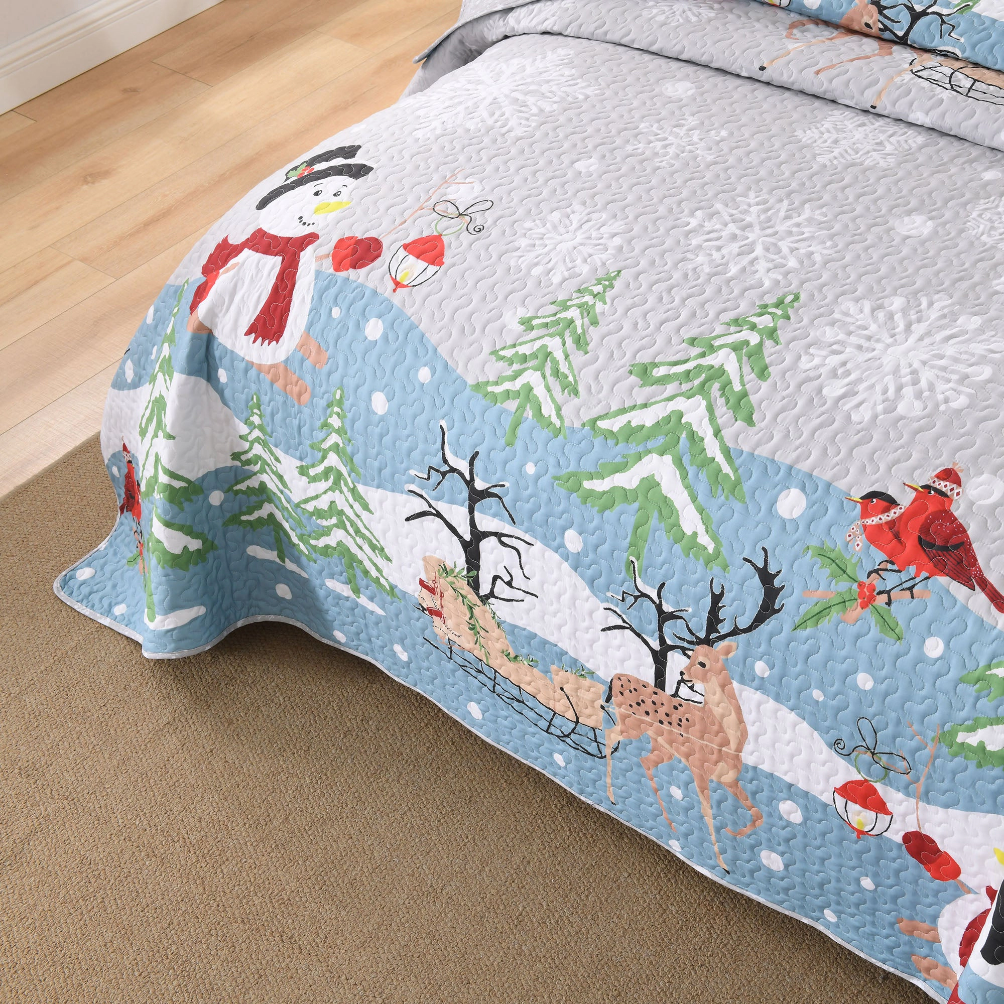 MarCielo 3 Pieces Reversible Winter Wonderland Christmas Quilt Bedspread Set