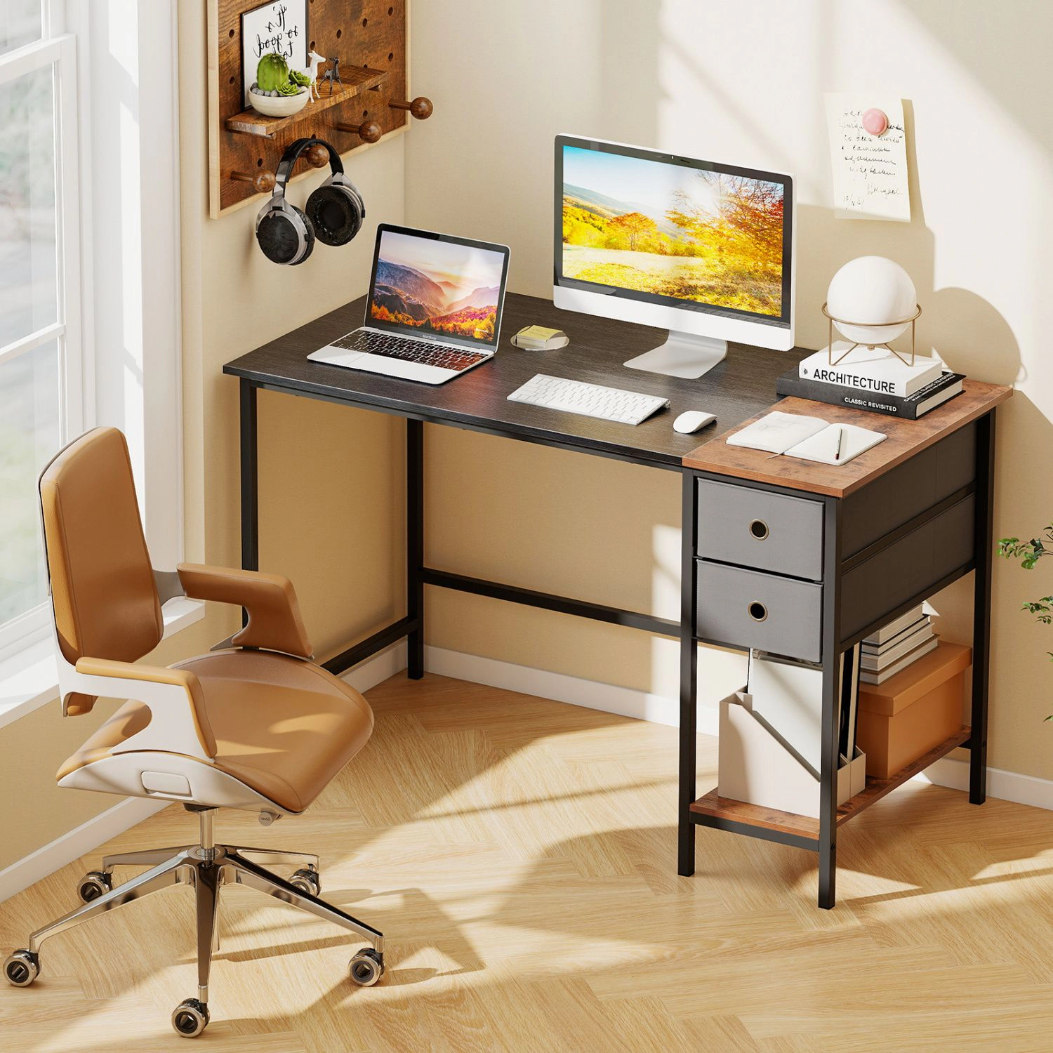 SlickBlue 48 Inch Computer Desk with 2 Drawers and Storage Shelf