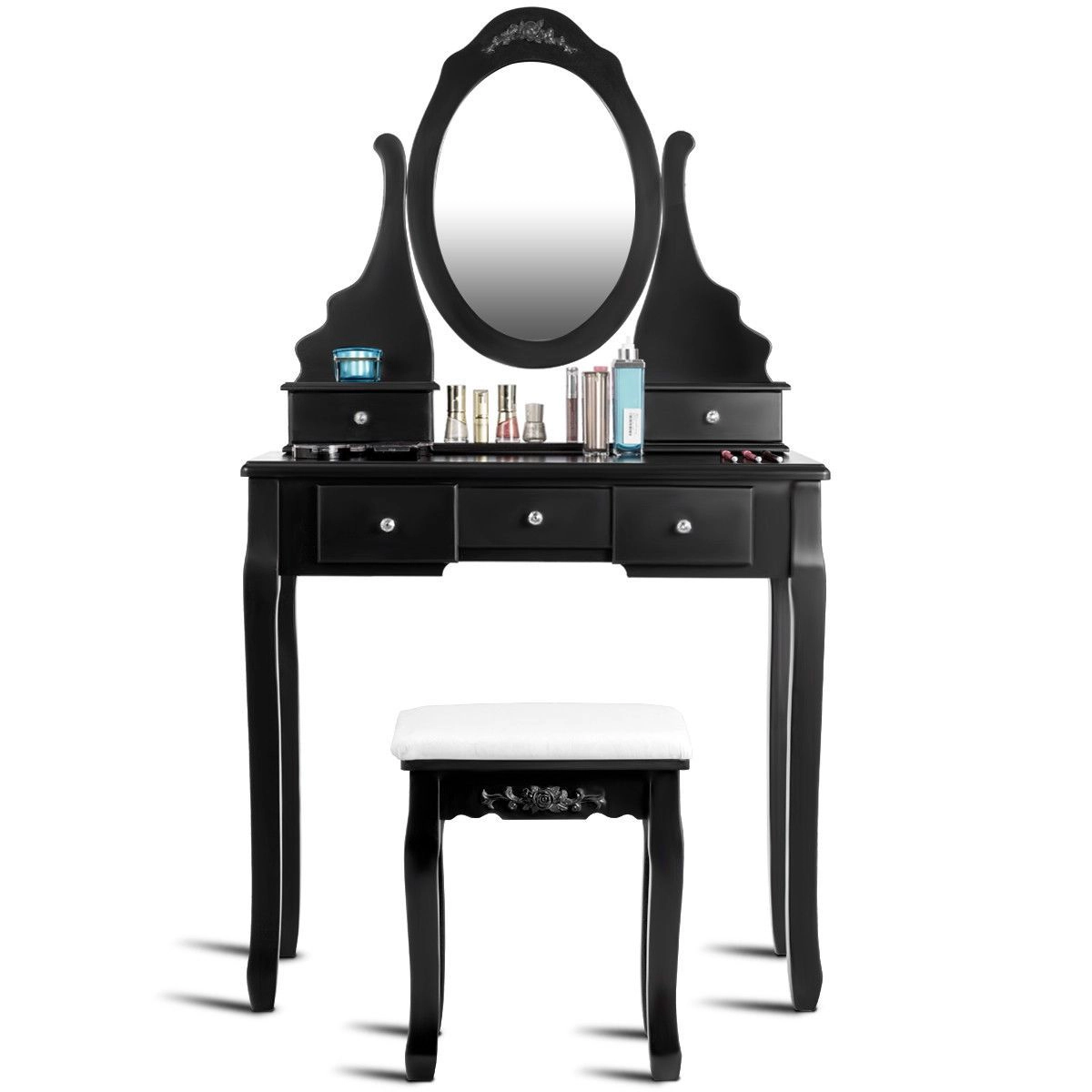 SlickBlue Mirrored Vanity Table Set with Stool and 5 Storage Drawers