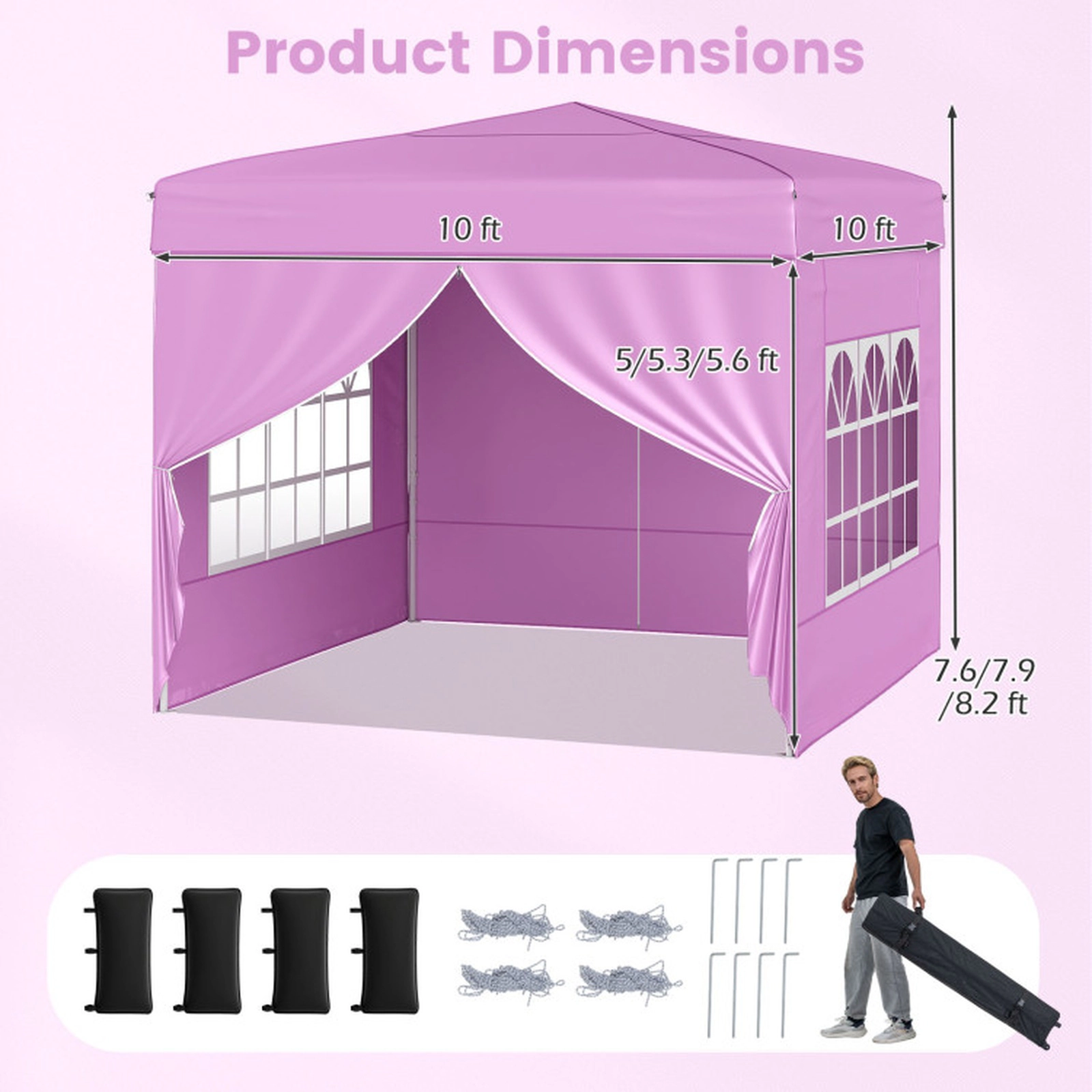 SUGIFT Pop Up 10-ft x 10-ft Canopy Gazebo Tent with 3-Height Adjustable Frame 4 Sidewalls Sandbags Stakes and Bag Pink