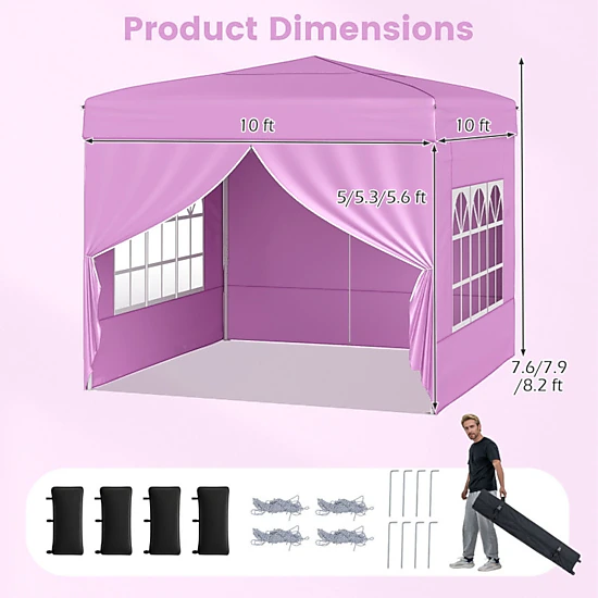 SUGIFT Pop Up 10-ft x 10-ft Canopy Gazebo Tent with 3-Height Adjustable Frame 4 Sidewalls Sandbags Stakes and Bag Pink