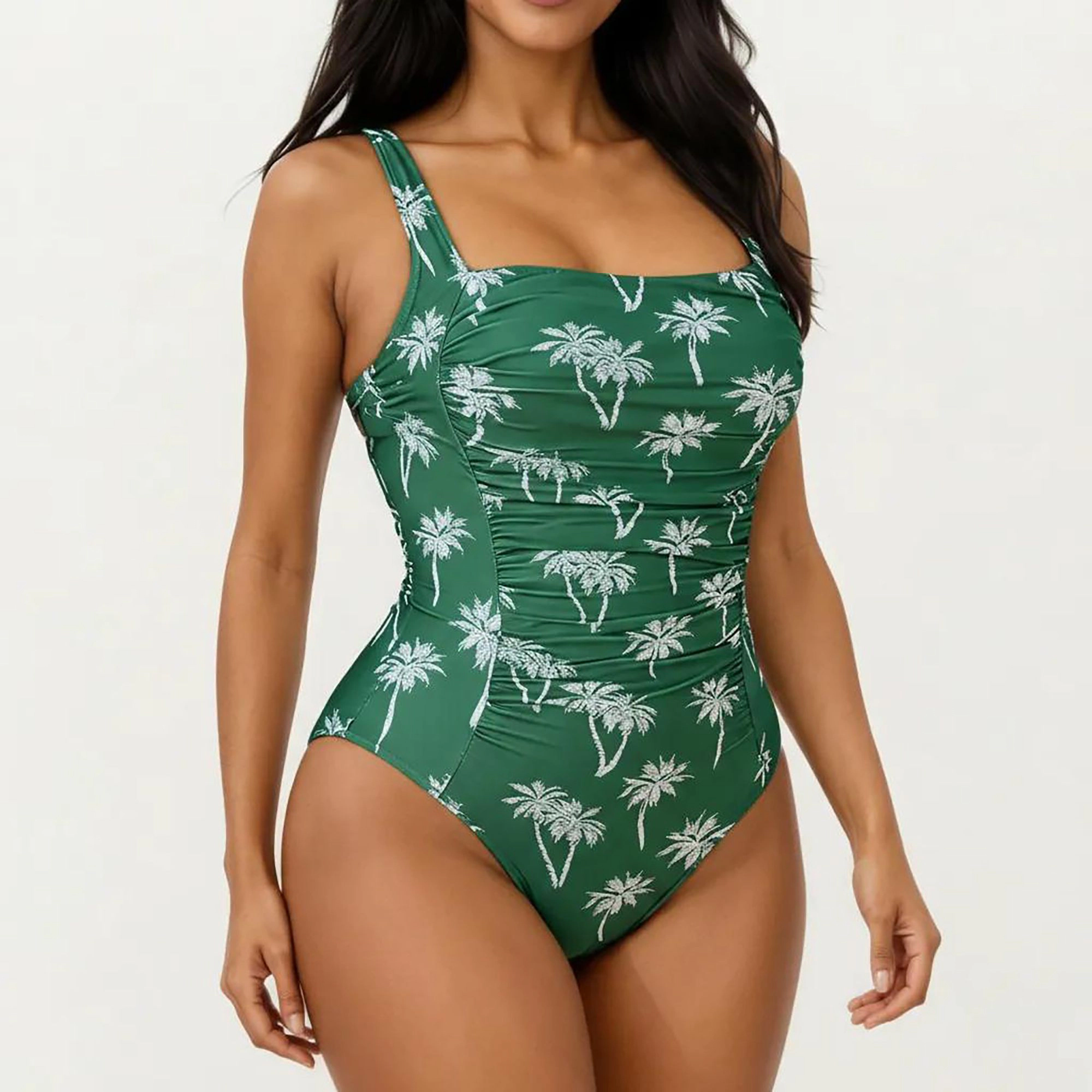 Anna-Kaci Women Palm Print One Piece Swimsuit - Square Neckline, Ruched Tummy Control