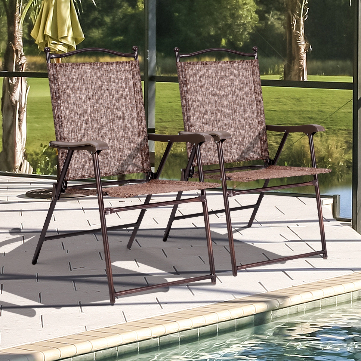 SUGIFT Set of 2 Patio Folding Sling Back Camping Deck Chairs 264-Lb Capacity 36-in Tall Brown