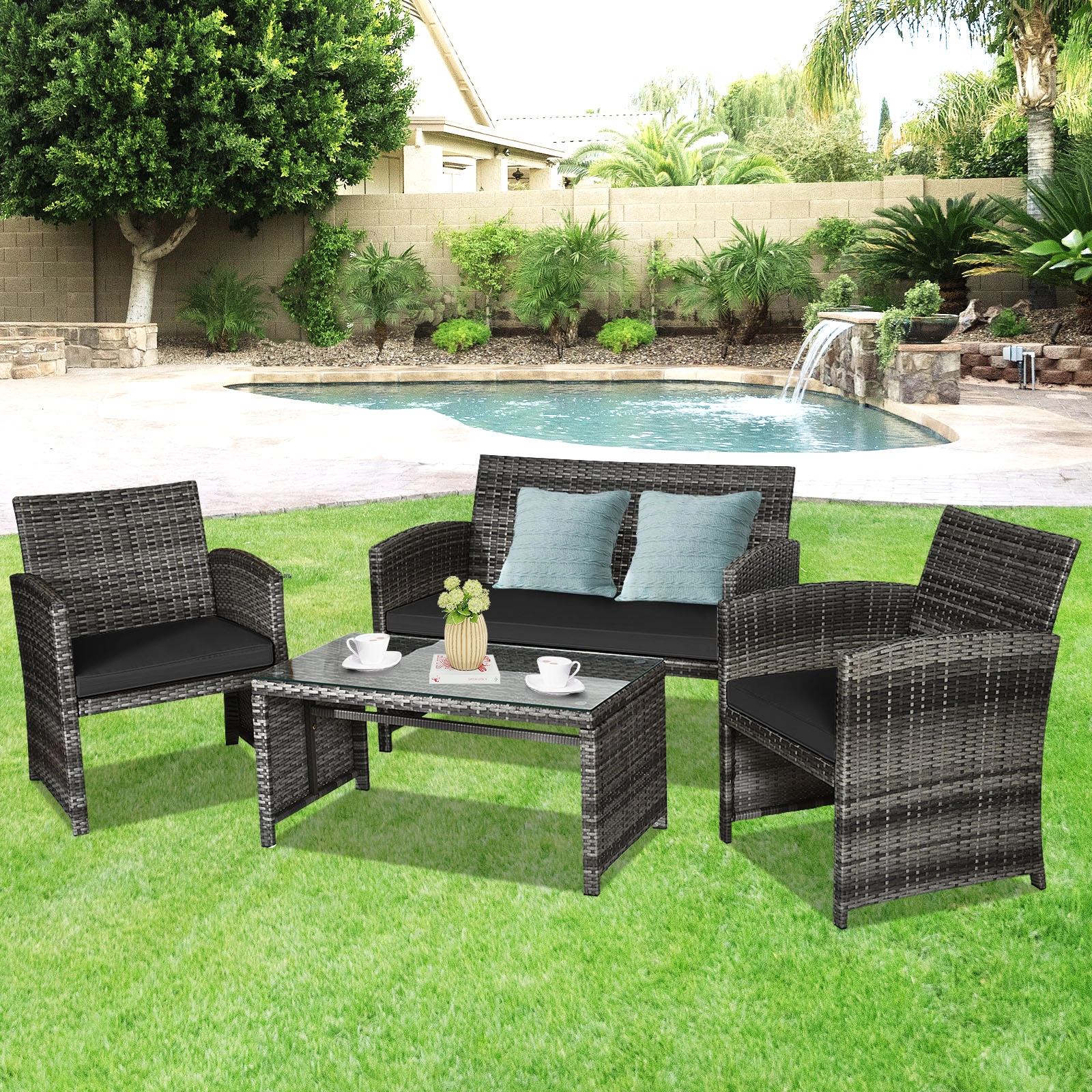 SUGIFT 4-Piece Black Outdoor Wicker Patio Set with Loveseat, 2 Armchairs and Glass Coffee Table