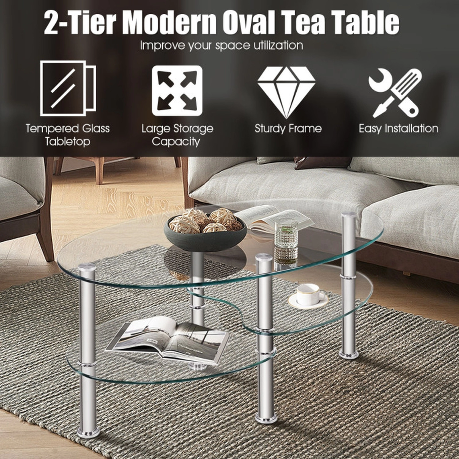 SUGIFT Tempered Glass Oval Side Coffee Table with 2 Shelves 90-lb Top Capacity 35-in Long Black/Transparent