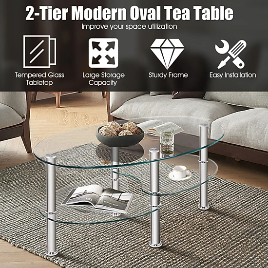 SUGIFT Tempered Glass Oval Side Coffee Table with 2 Shelves 90-lb Top Capacity 35-in Long Black/Transparent