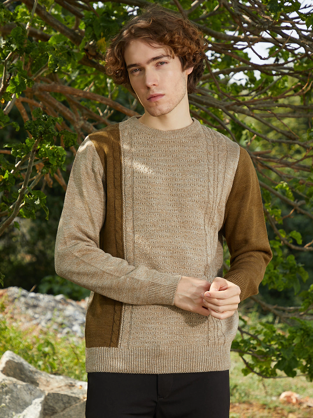 Campus Sutra Contrast Panel Pullover Sweater - Men’s Crew Neck Long Sleeve
