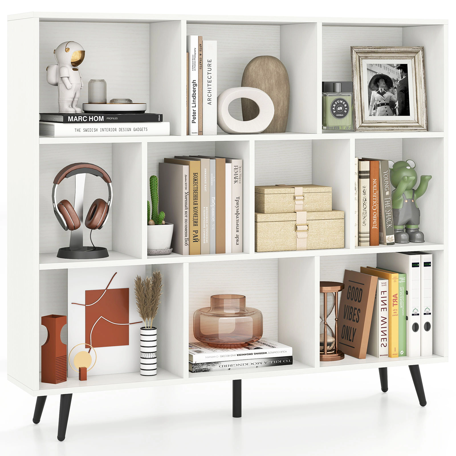 Glintex 10-Cube Bookcase at 47 Inches Wide on 5 Tapered Metal Legs, White