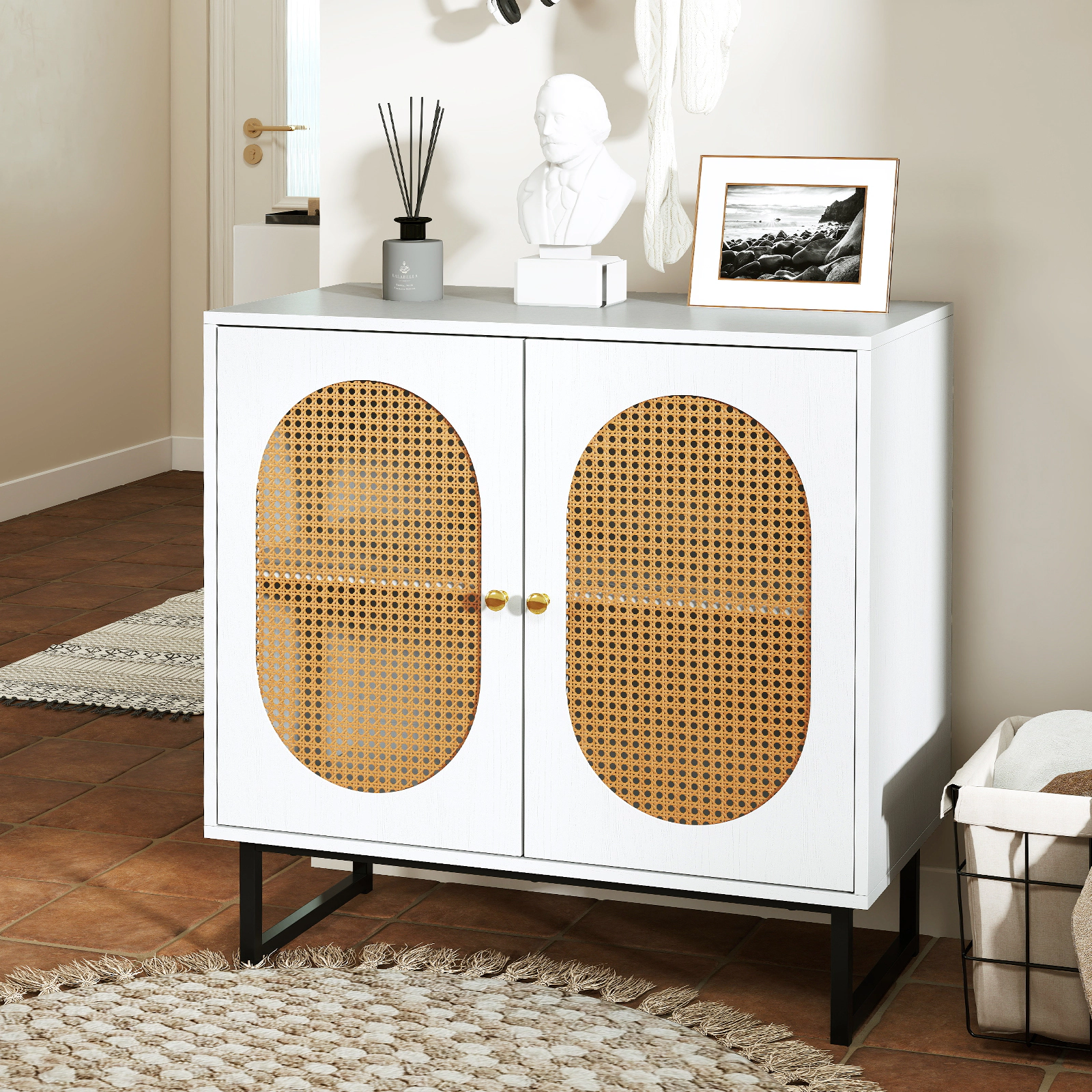 SUGIFT Rattan 2-Door Buffet Sideboard Cabinet with Adjustable Shelf 66-lb Top Capacity Natural/White