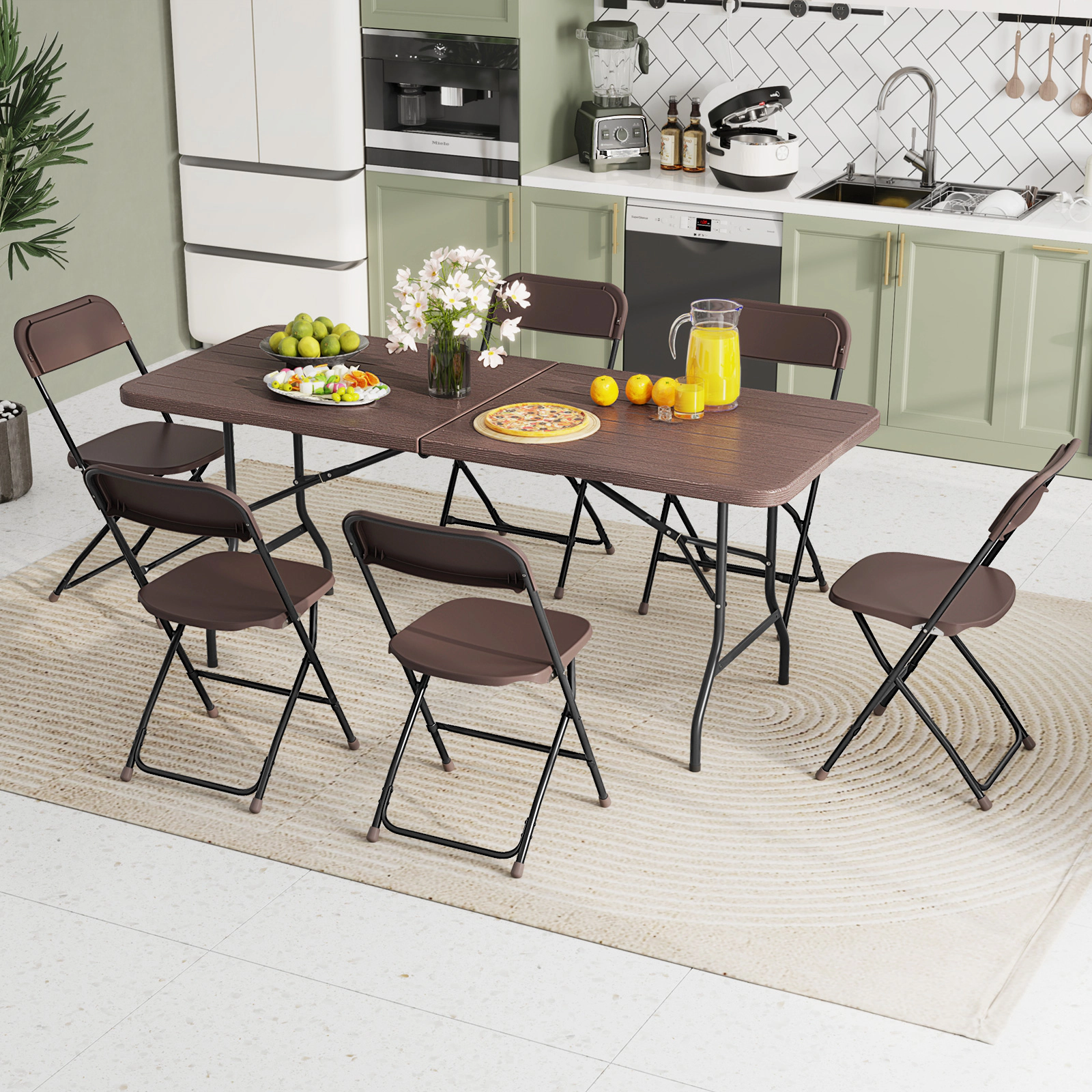 SUGIFT 6 ft Folding Table Brown HDPE Wood Grain Top with Safe Lock Mechanism