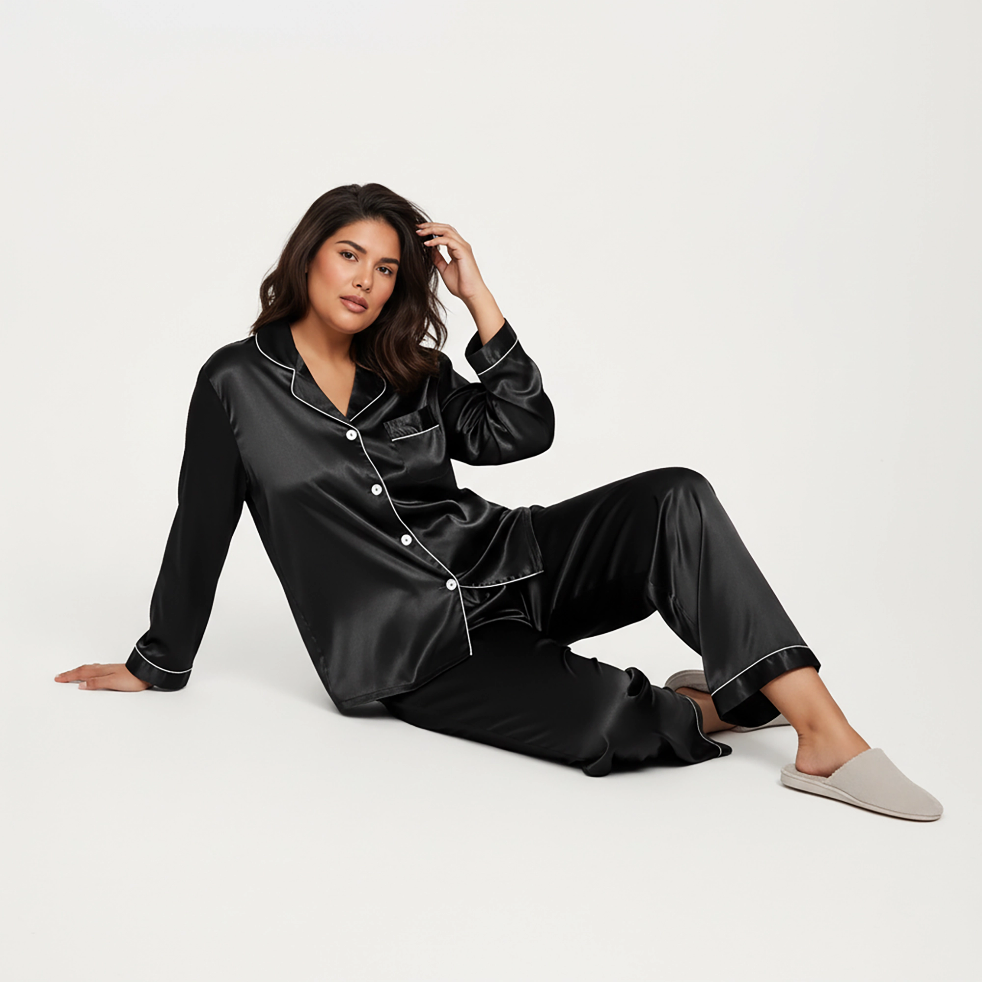 Anna-Kaci Women's Plus 2-Piece Satin Button Up Pajama Top and Relaxed Fit Pants with Contrast Piping Trim