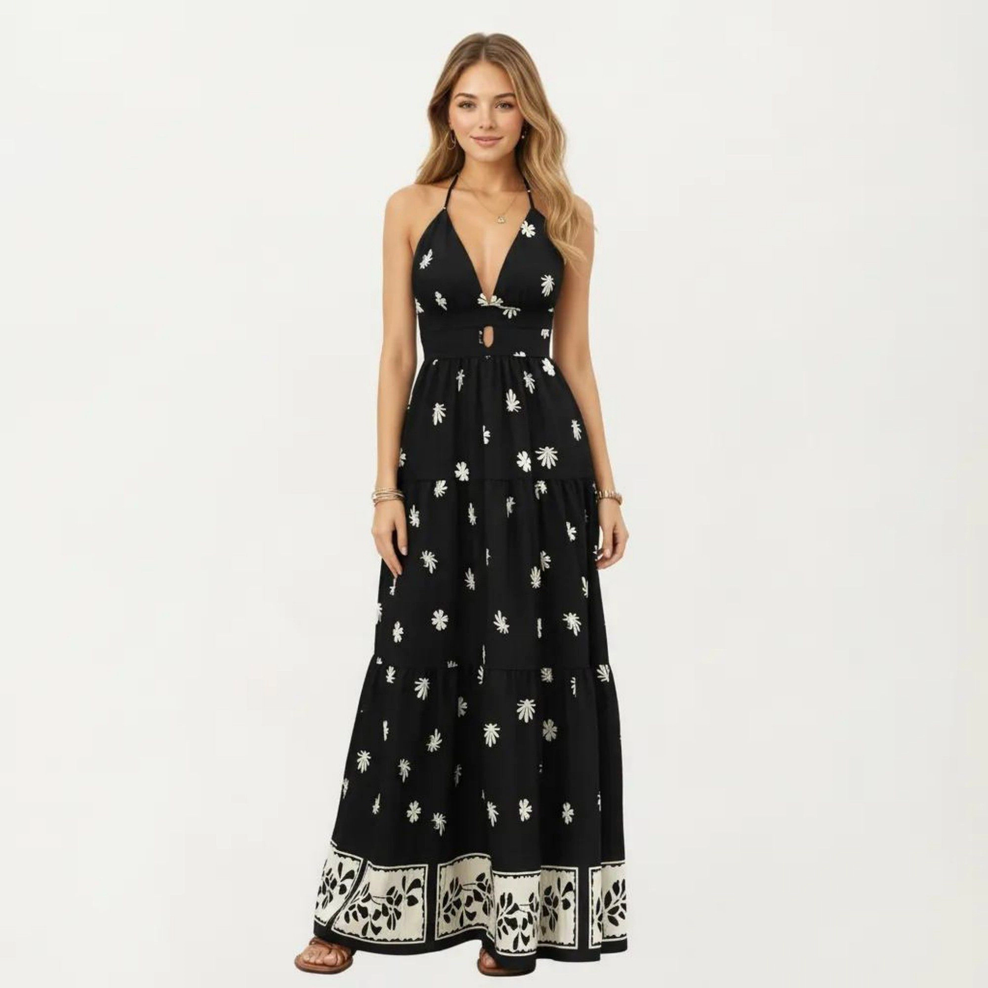 Anna-Kaci Women's Sleeveless Halter Neck Floral Print Keyhole Tiered Maxi Dress