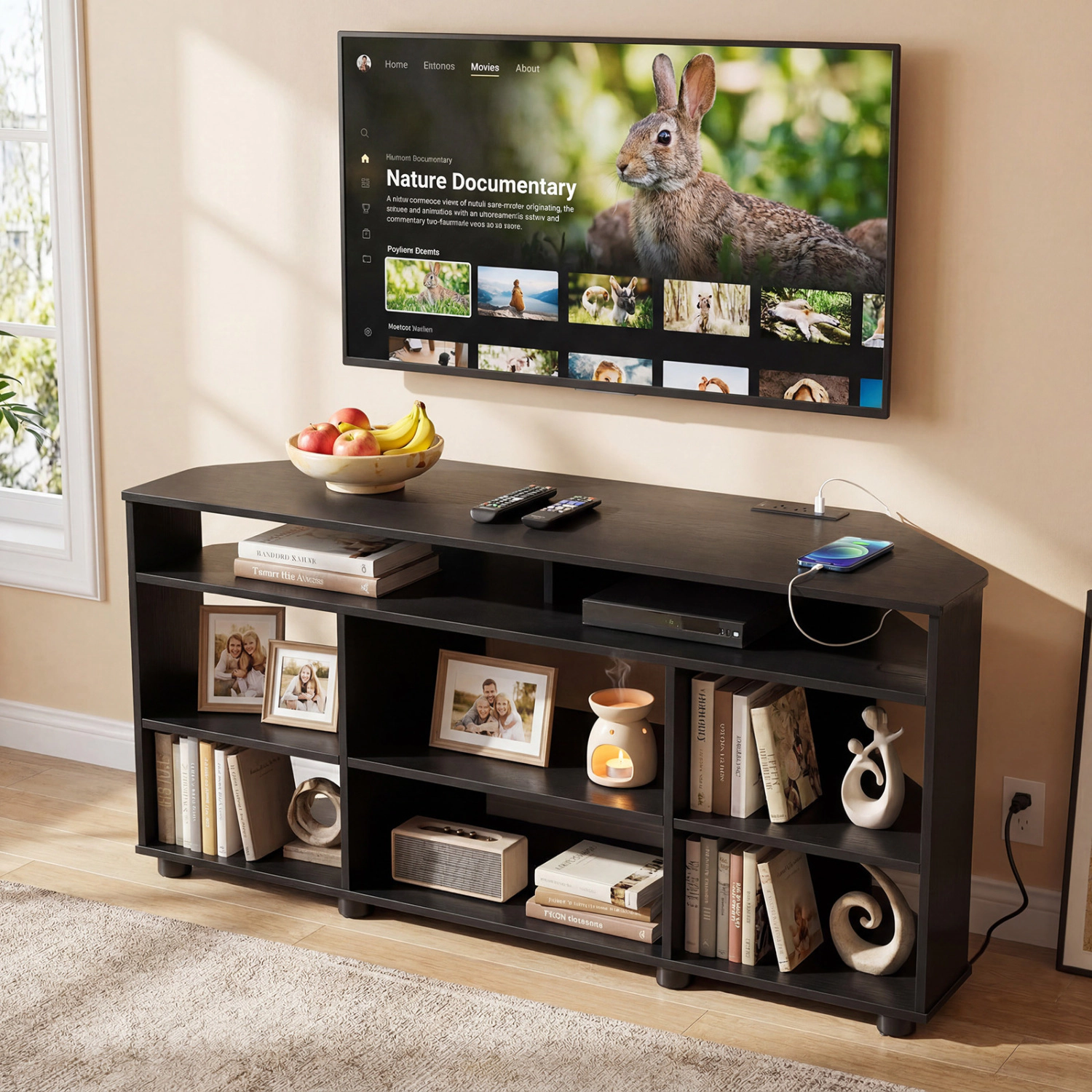 Glintex 46.5-Inch Corner TV Stand with Charging Station and Shelves