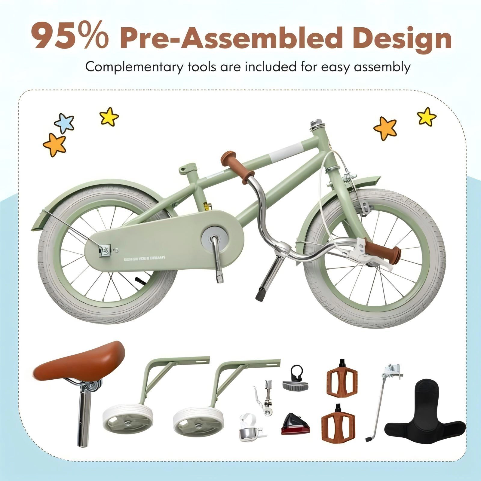 SUGIFT Kids Bike with Adjustable Handlebar and Saddle 145-lb Seat Capacity Green + Brown-18 Inches