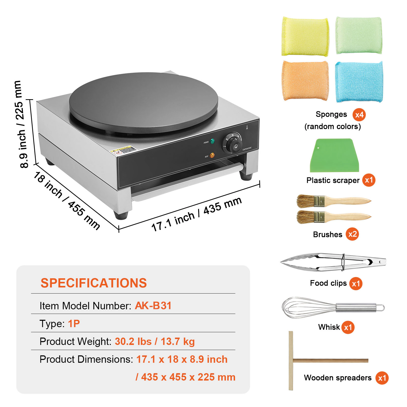 HONGGE Electric Crepe Maker, 16-Inch Commercial Machine, Flat Plate Griddle, Nonstick Stainless Steel