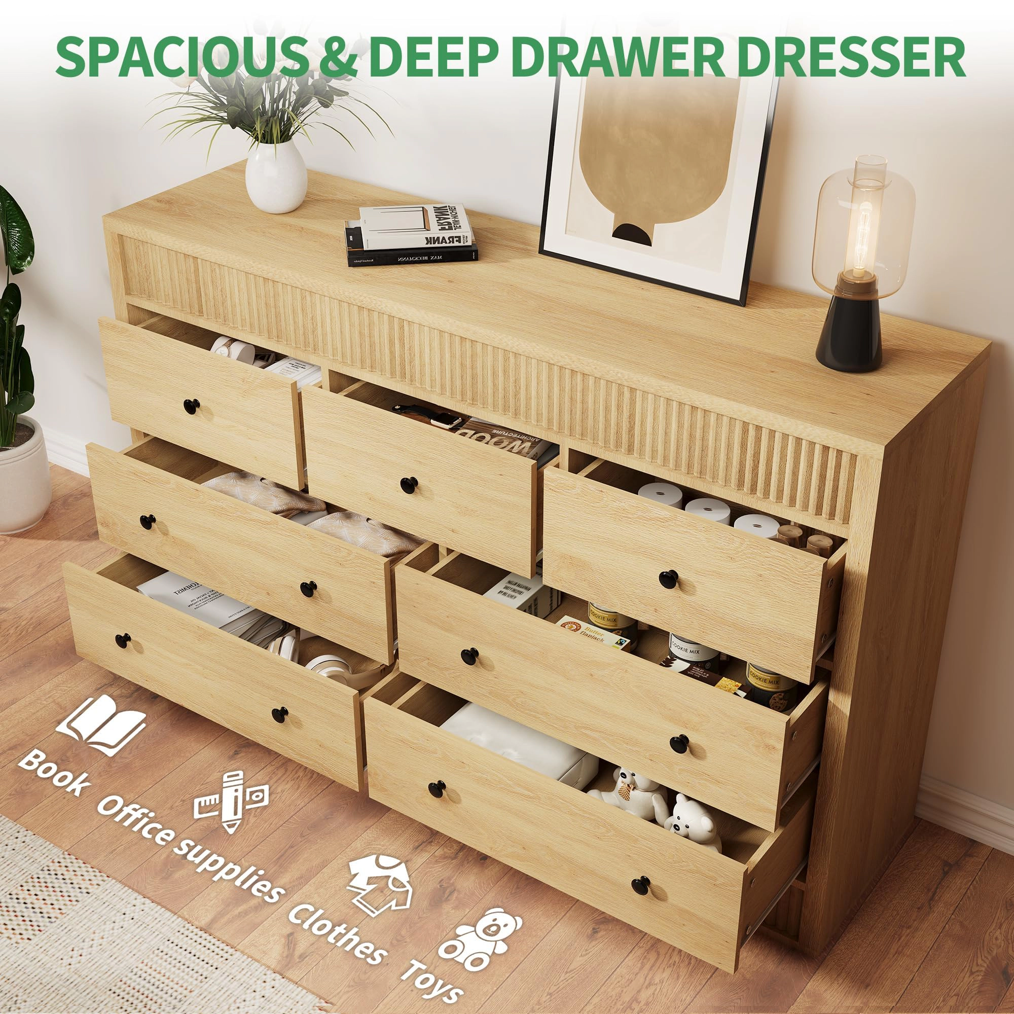 Fluted 7 Drawer Wooden Dresser, 54" Wide Modern Storage Chest for Bedroom or Living Room