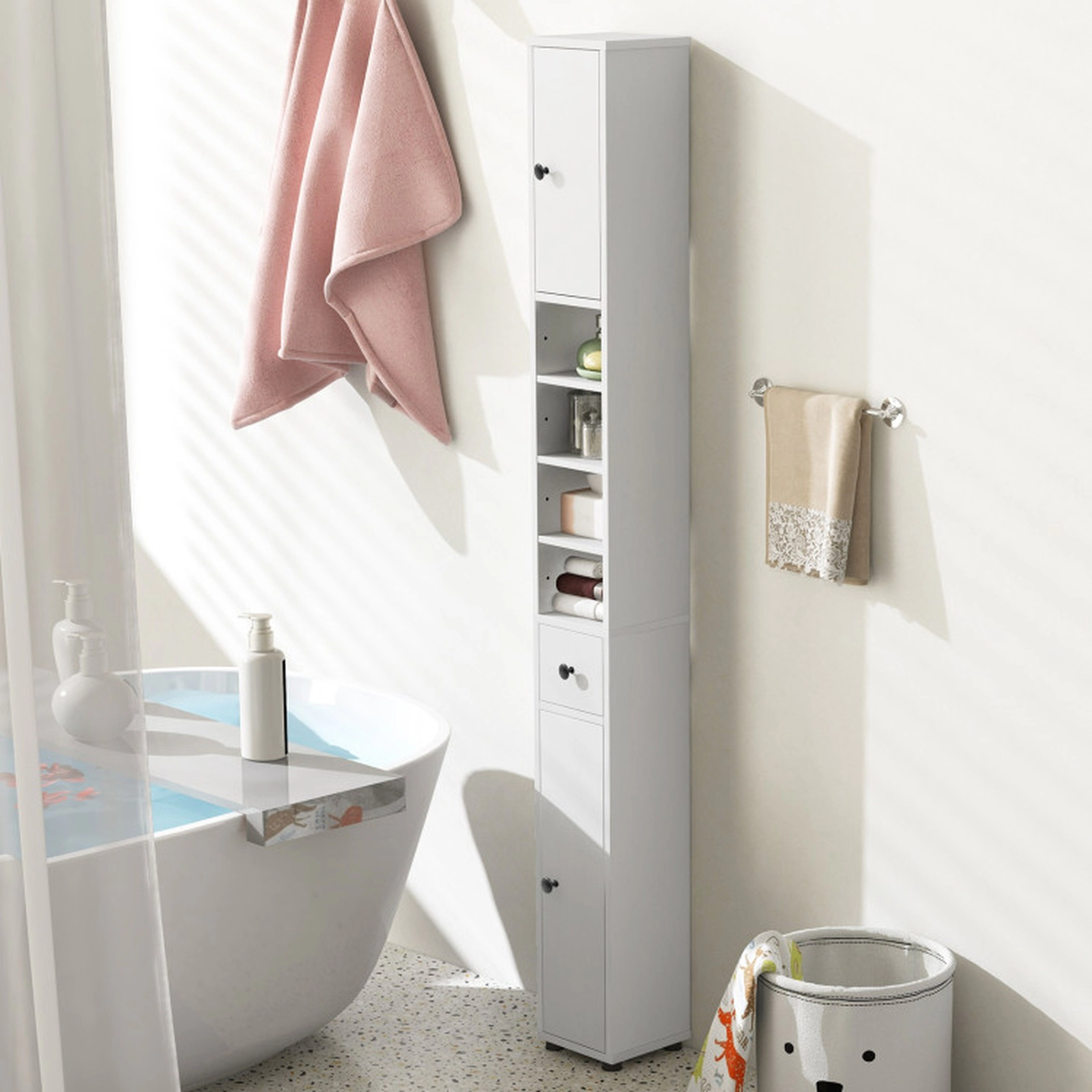 SUGIFT White 110-lb Capacity 8-in Slim Freestanding Bathroom Storage Cabinet with Drawer and 5 Adjustable Shelves