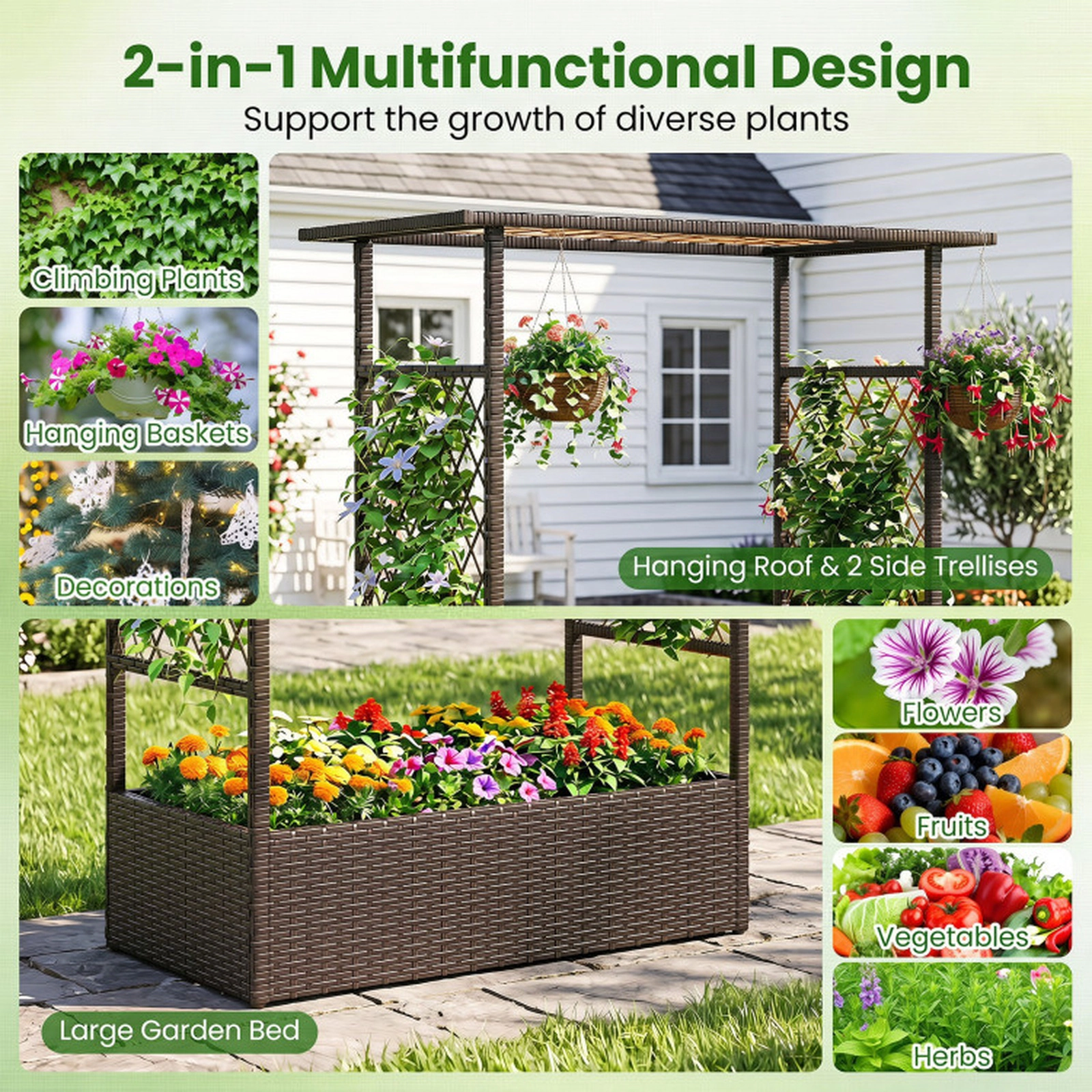 SUGIFT 2-in-1 132-lb Capacity PE Rattan Raised Garden Bed with Hanging Roof 2 Side Trellises and Liner