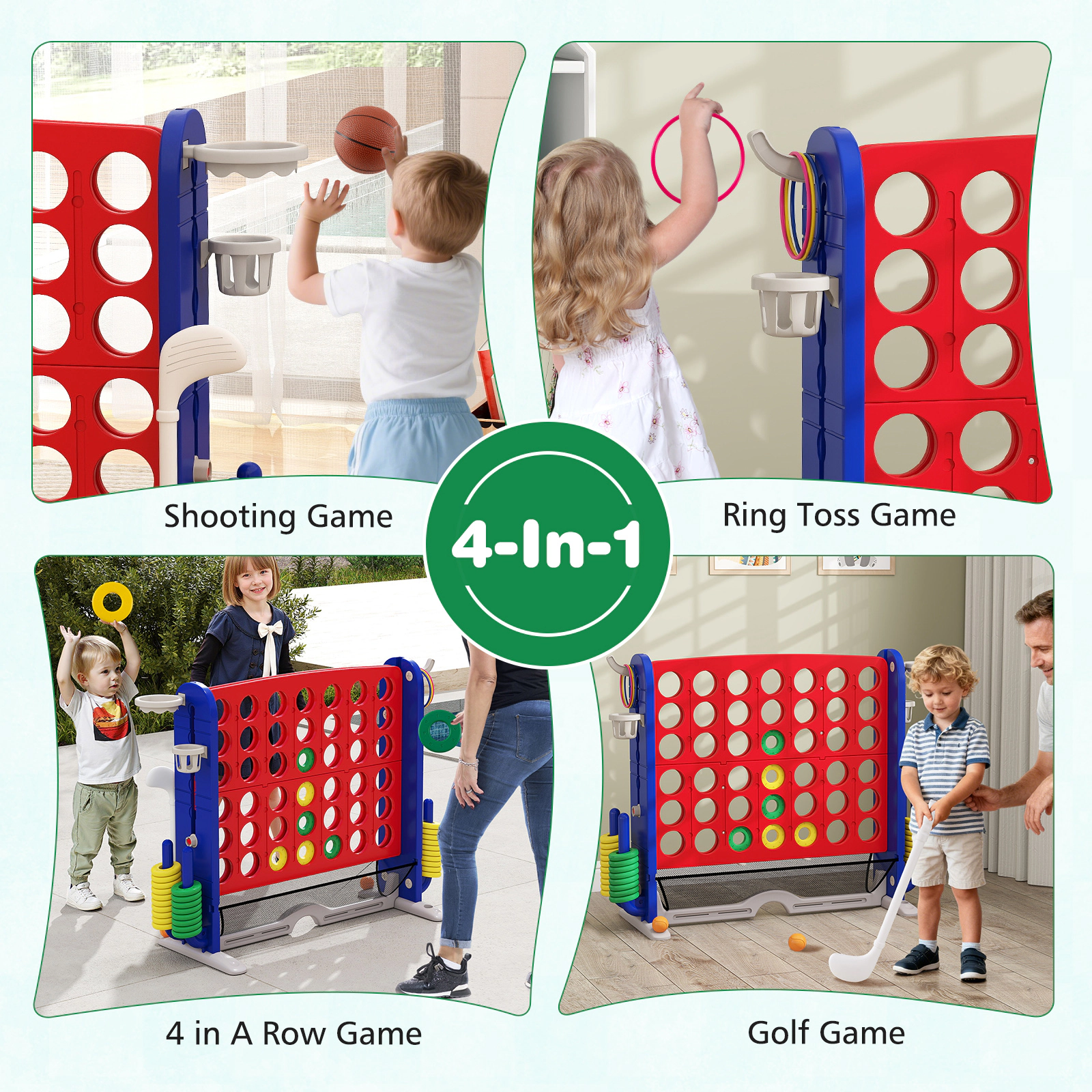 SUGIFT 4-in-1 Jumbo 4-to-Score Game with Ring Toss Basketball Mini Golf Chute Button and Mesh Pouch