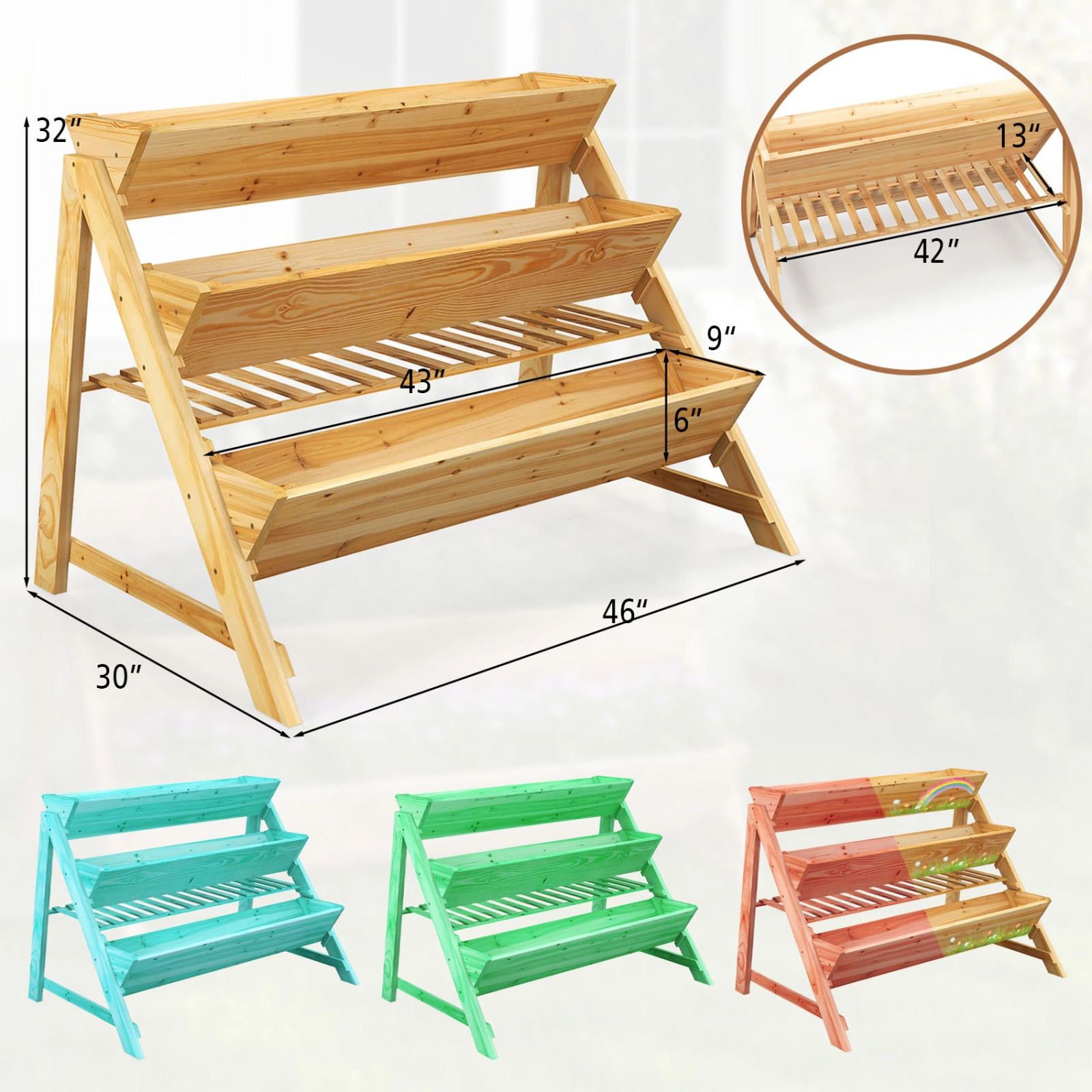 SUGIFT 3-Tier Natural Wood Vertical Raised Garden Bed with Storage Shelf 47-in W 30-in D 32-in H 100-lb Per Box