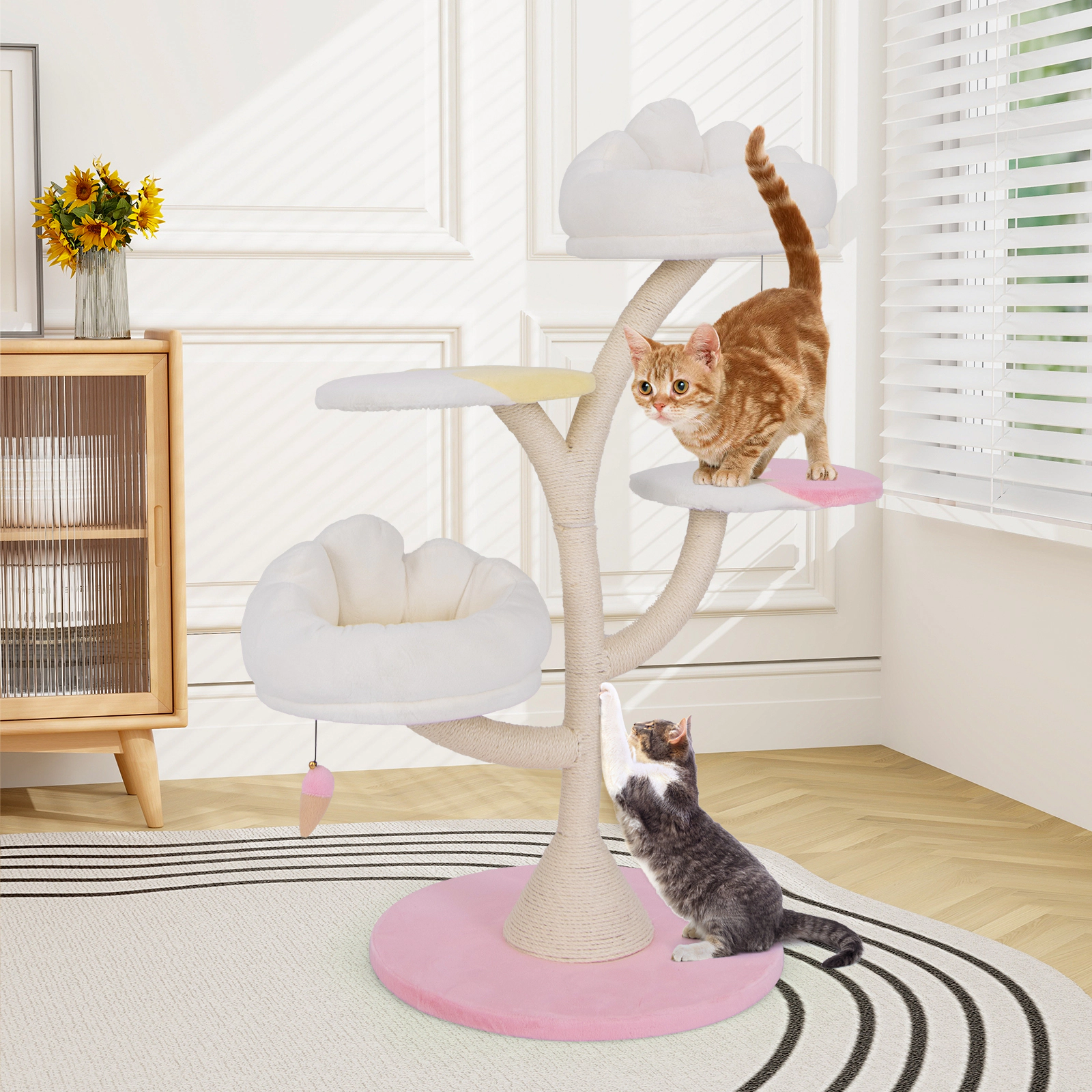 SUGIFT 48.5-in Pink Multi-Layer Cat Tree Tower with 2 Deep 16.5-in Walled Perches and 35-lb Layers